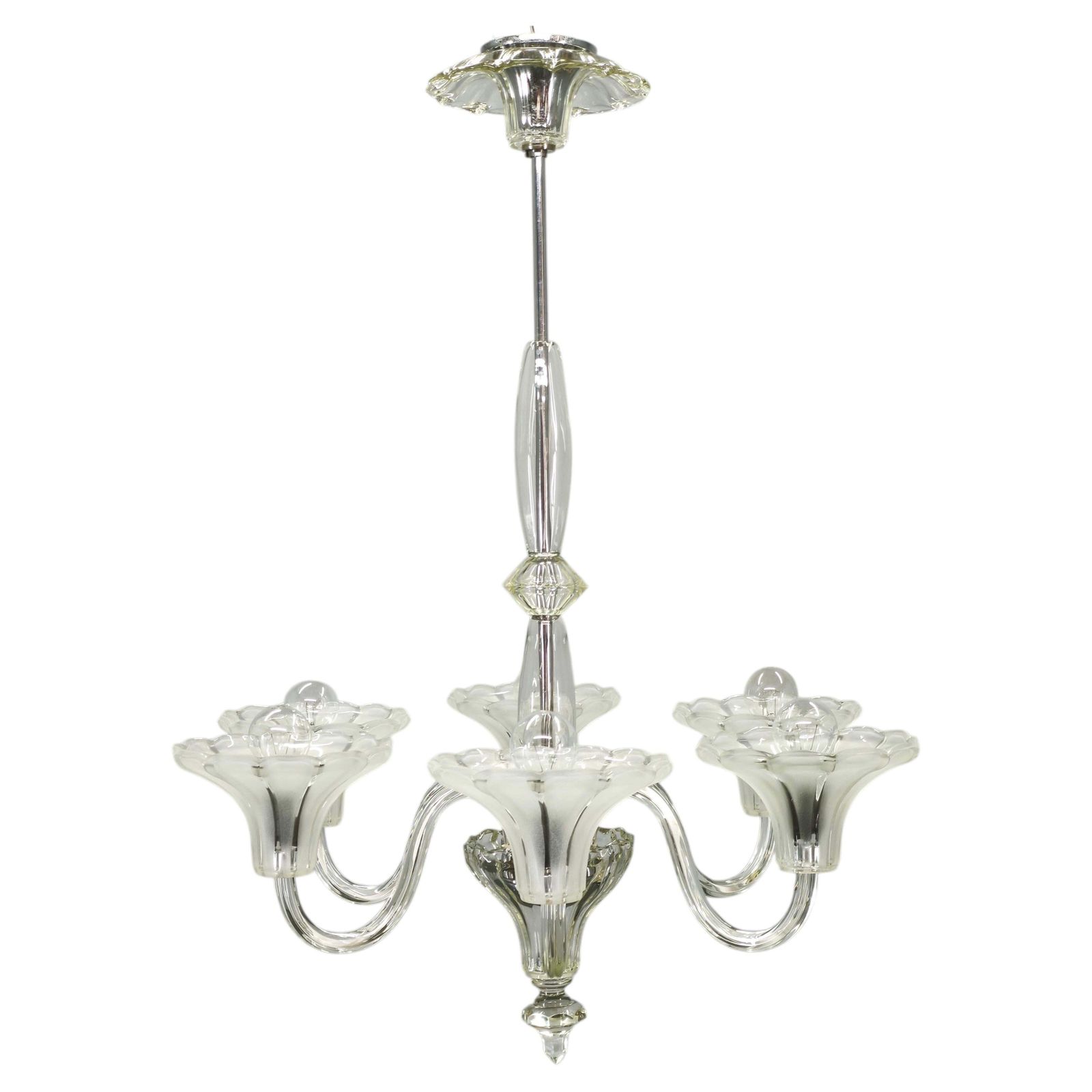 Lustre Art Déco à six bras en verre, Tchécoslovaquie, années 1930