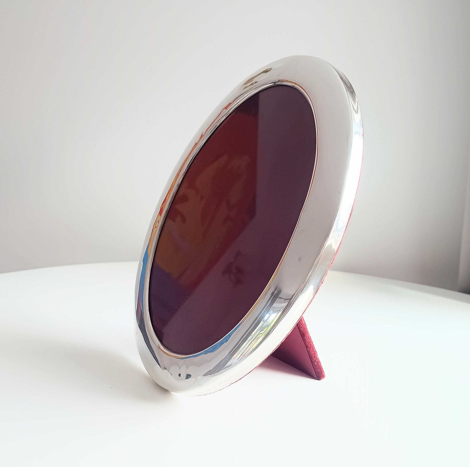 Vintage Richard Comyns verzilverde ovale fotolijst, Mid-Century Modern, Sheffield Engeland, rood fluweel