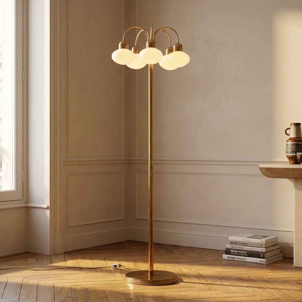 Vintage Vloerlamp van Messing met Vijf Opaline Glazen Kappen, Mid-Century, Tsjecho-Slowakije photo vinterior