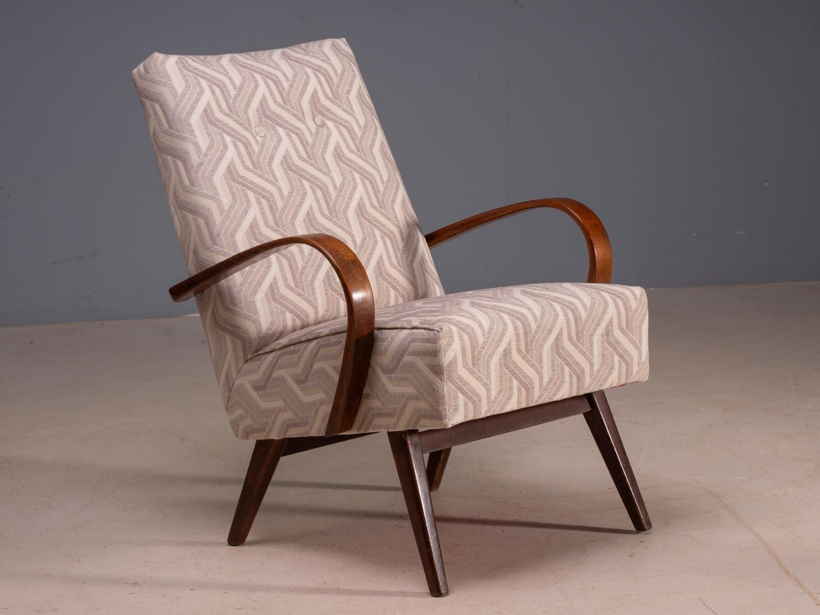 photo for sale Restored Bentwood Armchairs By Jaroslav šmídek, Pair, Czechoslovakia, New Beige Patterned Upholstery, 61 × 82 × 81 Cm
