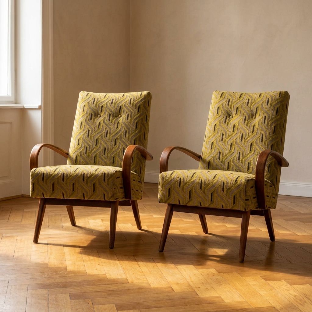 Gerestaureerde Bentwood Fauteuils van Jaroslav Šmídek, Paar, Tsjecho-Slowakije, Nieuwe Beige en Gele Bekleding, 61 × 82 × 81 cm