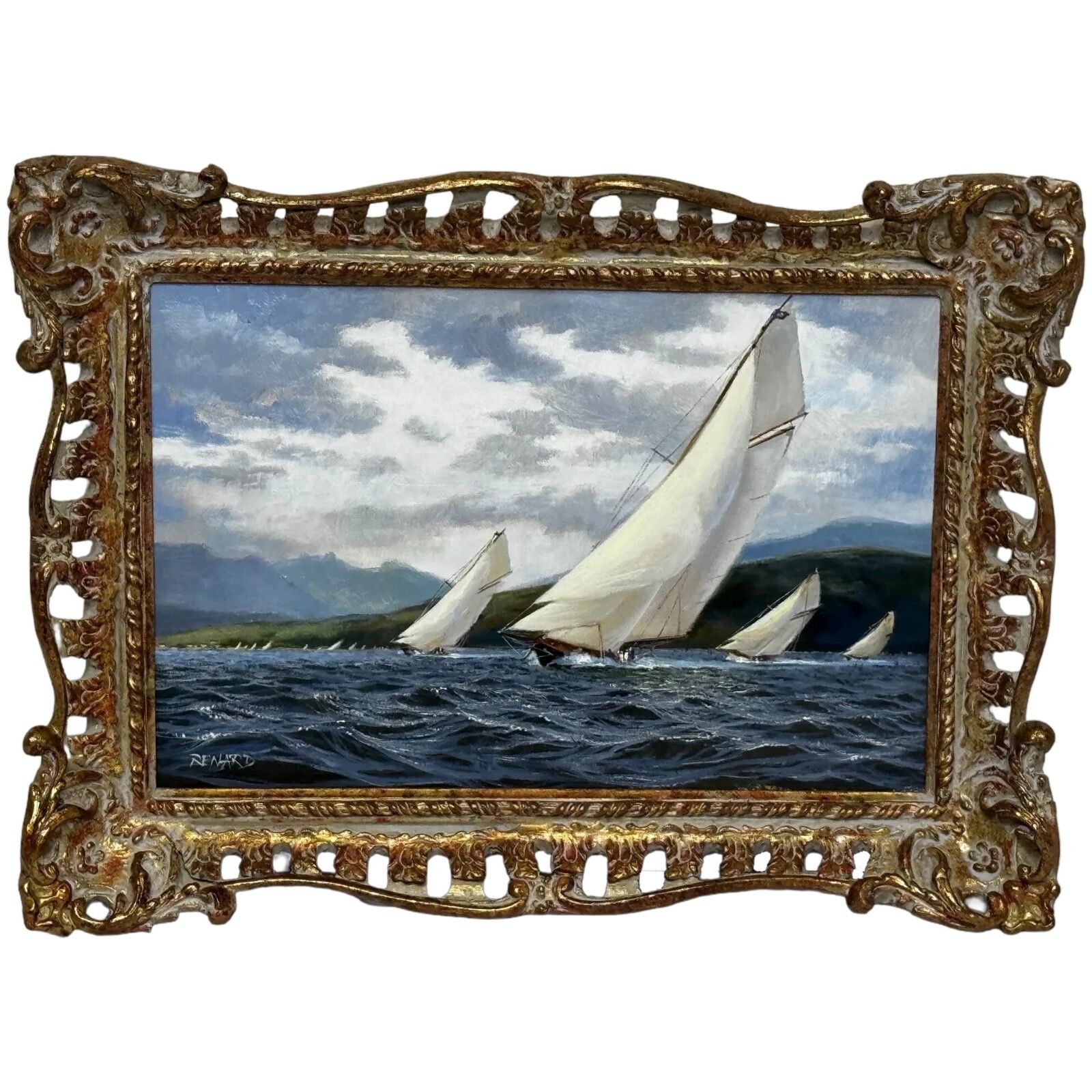 Oil Painting 1894 Britannia & Vigilante With Valkyrie II & Satanita On Clyde Signed By Stephen J Renard