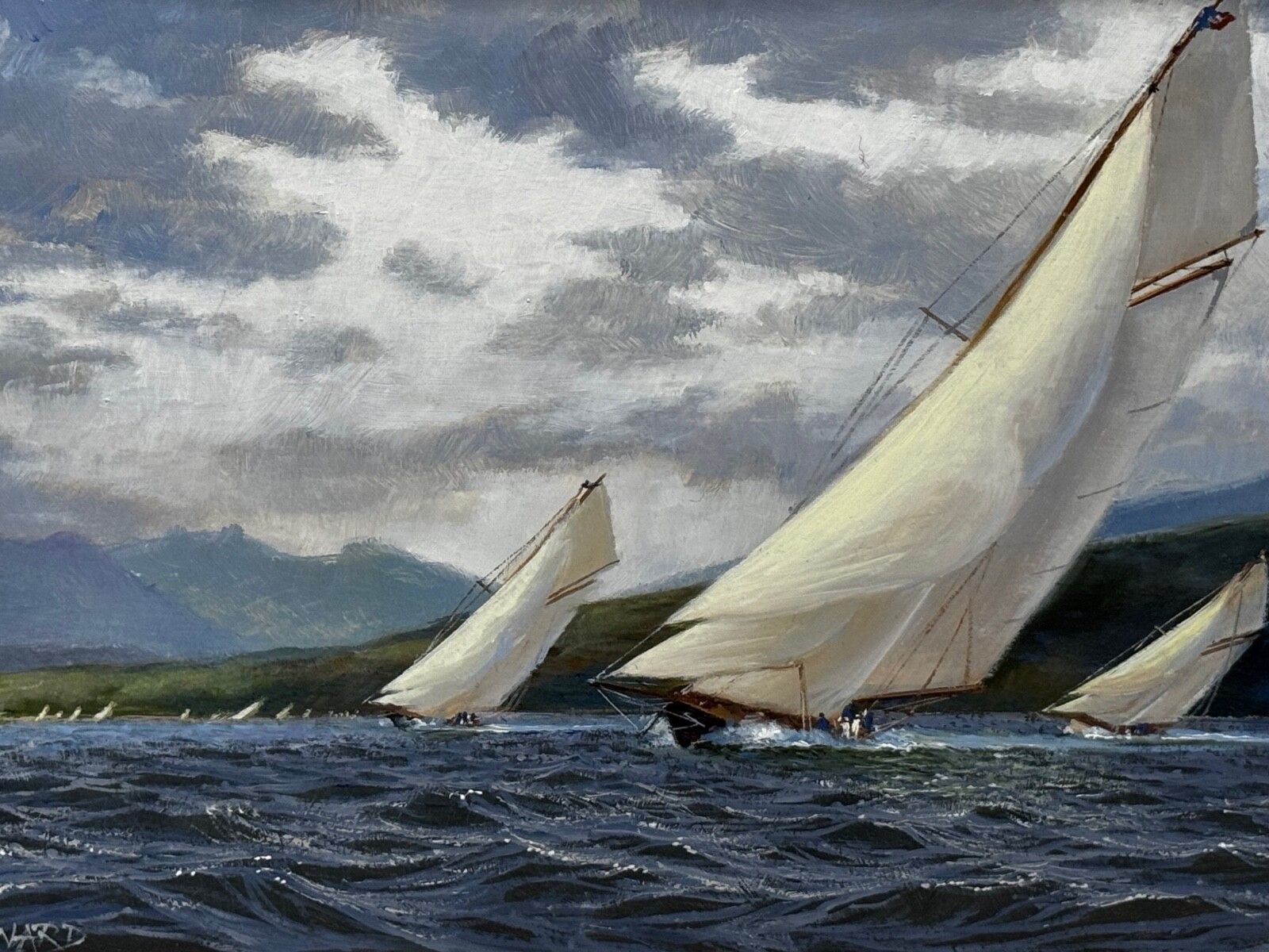Oil Painting 1894 Britannia & Vigilante With Valkyrie II & Satanita On Clyde Signed By Stephen J Renard photo for sale
