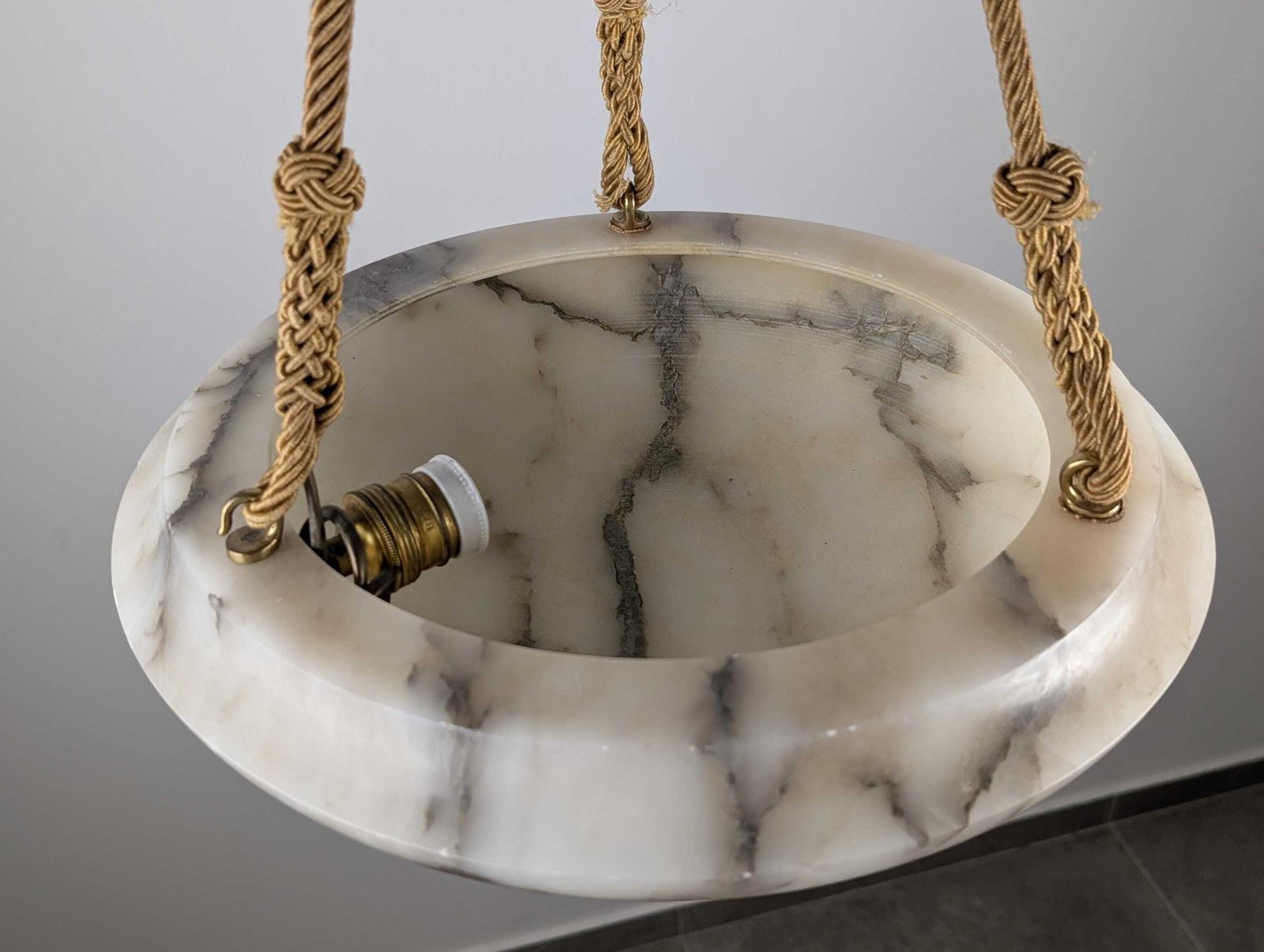 photo for sale Timeless Art Deco Carved Alabaster Pendant Lamp, Black Veining, 1920s