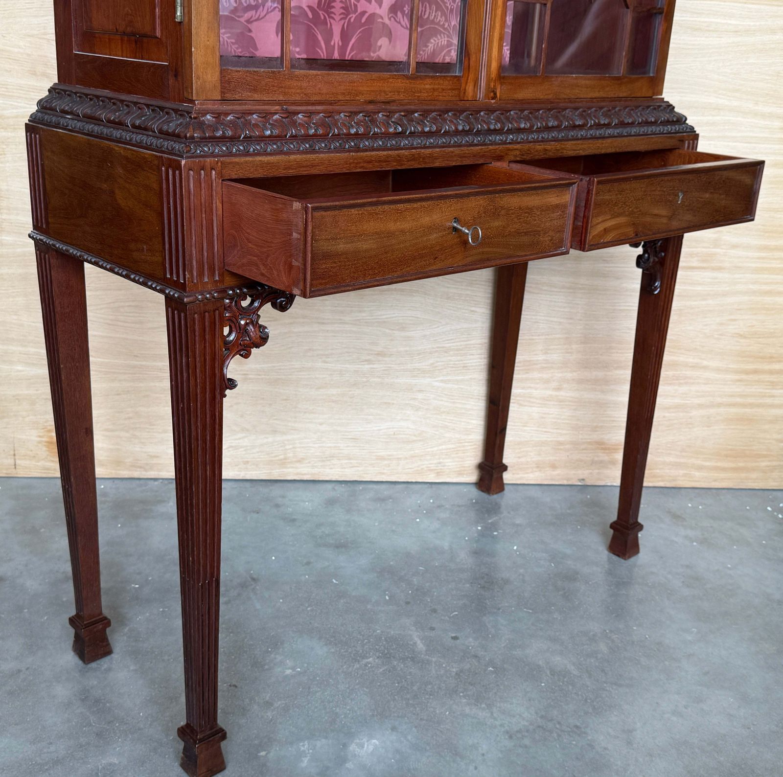 Furniture Spanish Neo Georgian Style Display Cabinet, Made Of Walnut Wood, With Pedestal And Glass Display Case photo