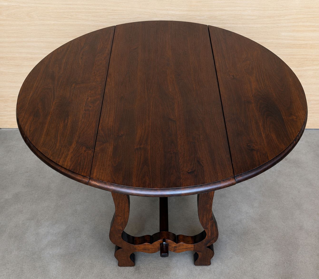 Furniture Antique Folding Console Table With Lyre Shaped Legs, Convertible Into A Round Dining Table photo