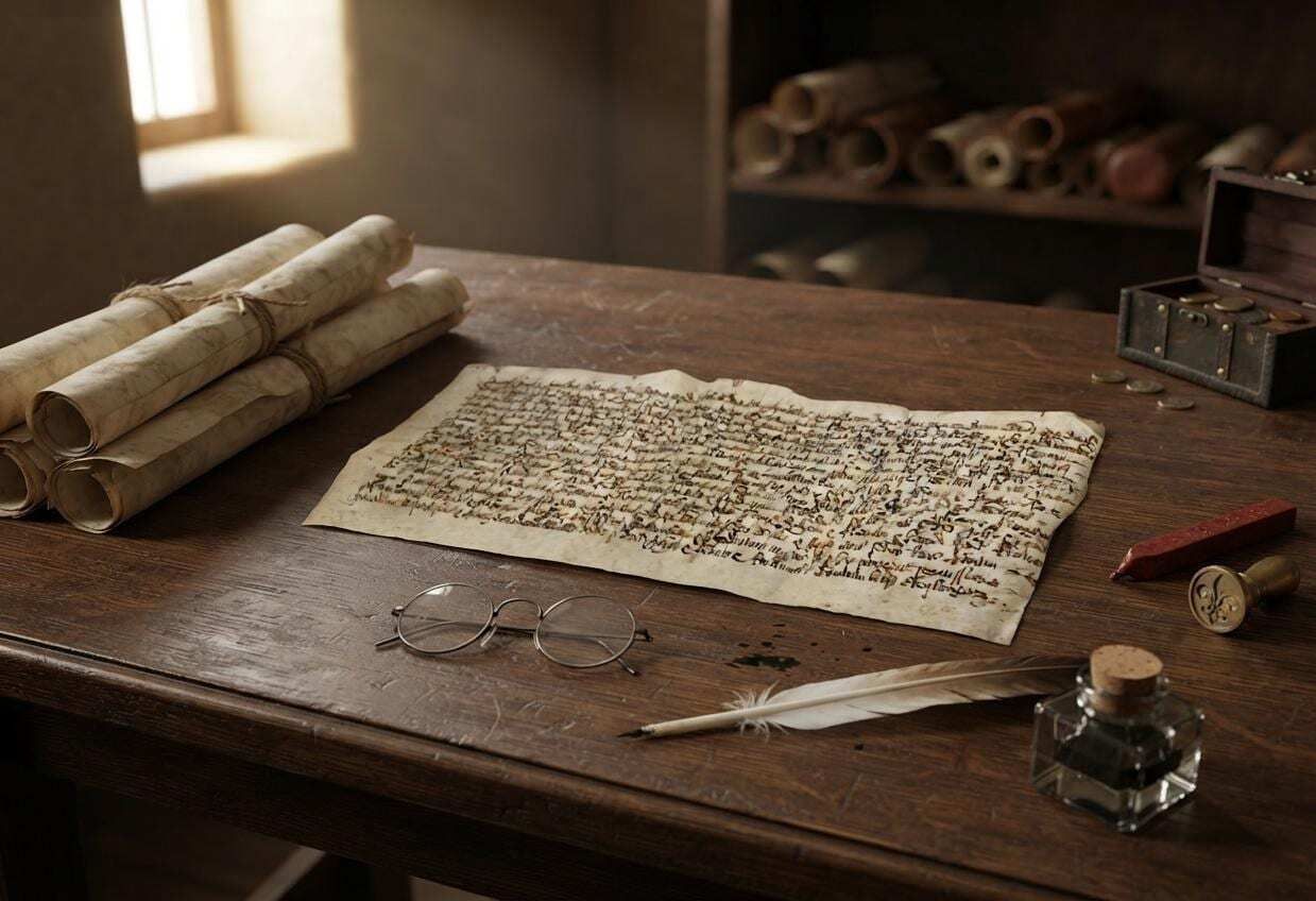 13e-eeuws middeleeuws perkamentdocument: juridisch manuscript van koning Edward I (perkament van 700+ jaar oud)