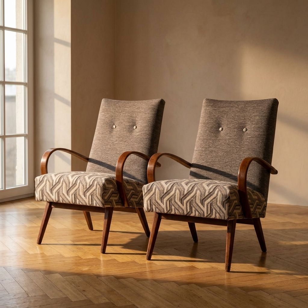 Nagezien en opgeknapt bentwood fauteuils van Jaroslav Šmídek, paar, Tsjecho-Slowakije, nieuwe grijze en beige bekleding, 61 × 82 × 81 cm