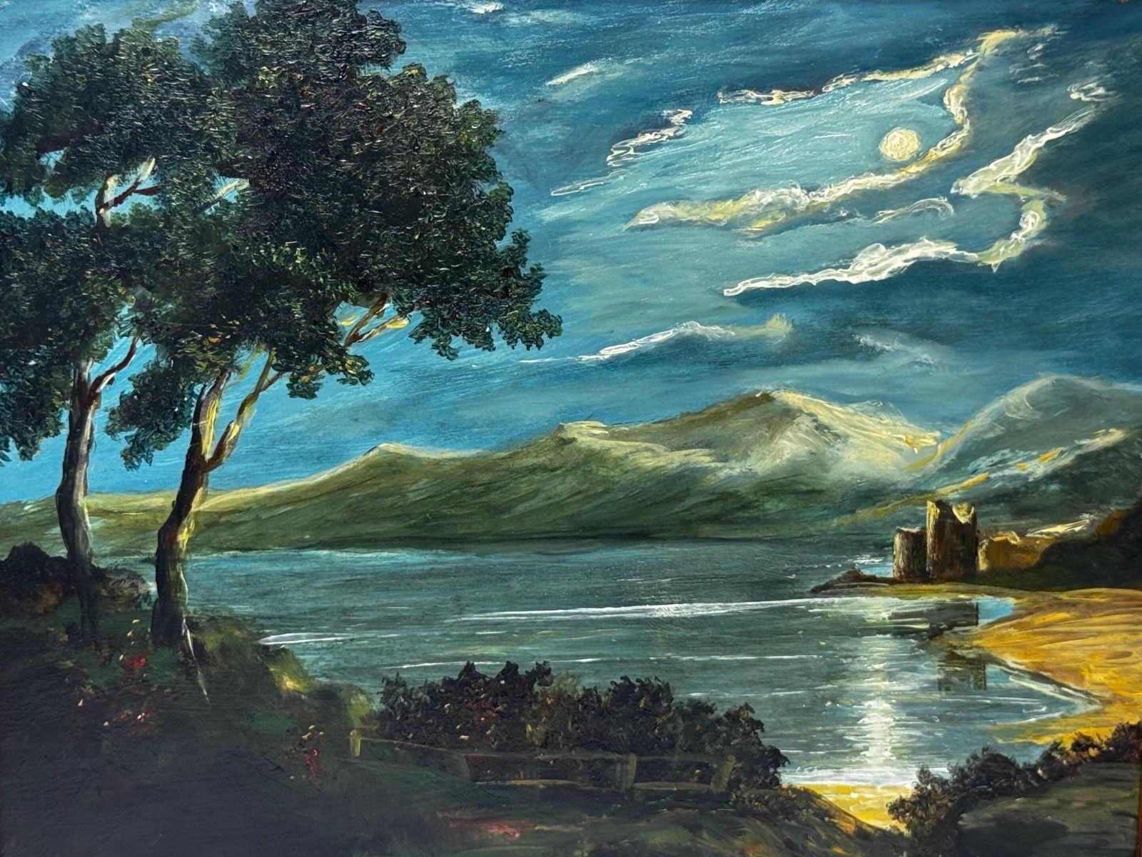 Mid Century Loch Ness Nocturnal Moonlight Oil Painting Urquhart Castle Scottish Highlands photo furniture