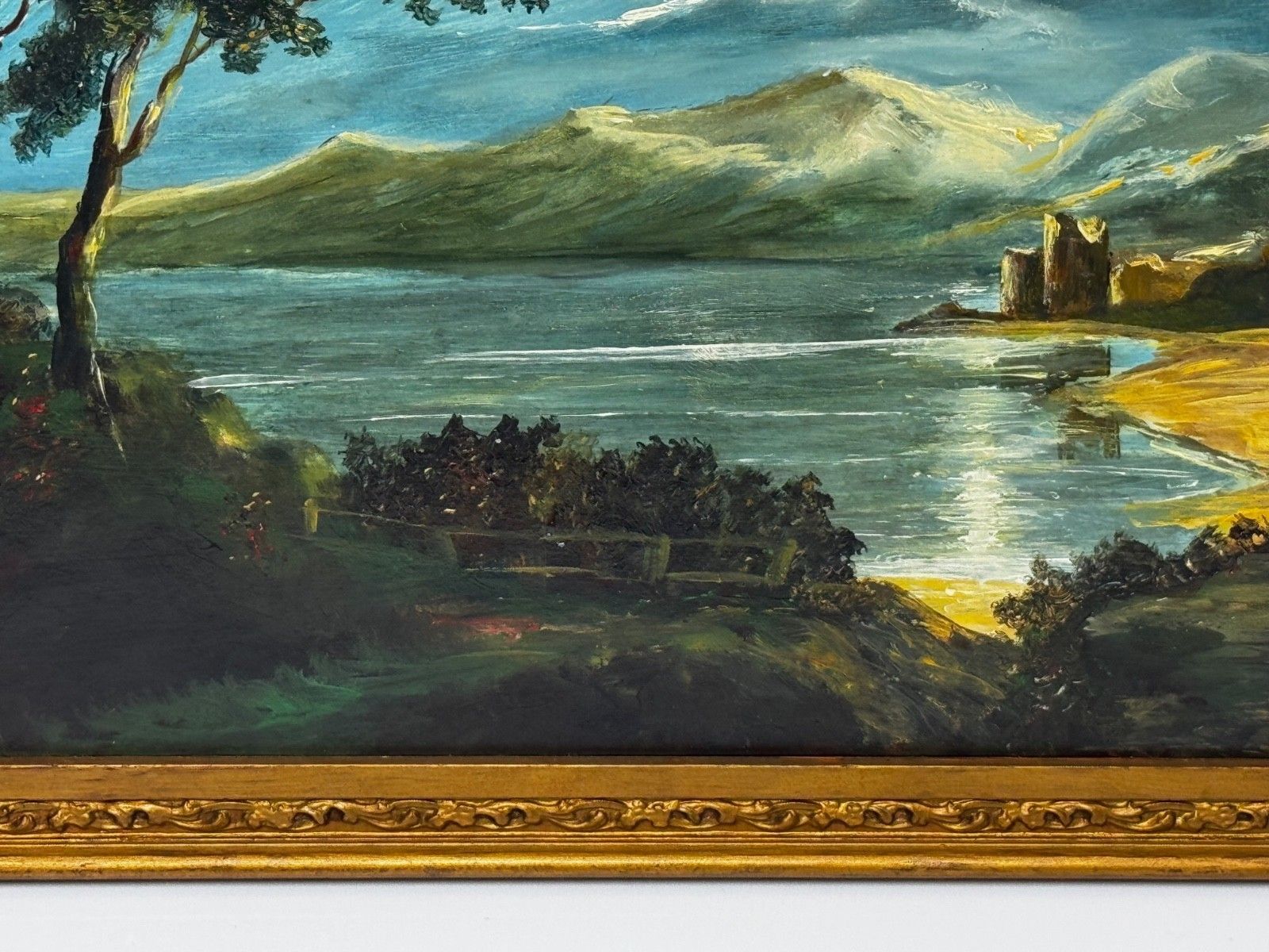 Mid Century Loch Ness Nocturnal Moonlight Oil Painting Urquhart Castle Scottish Highlands photo for sale