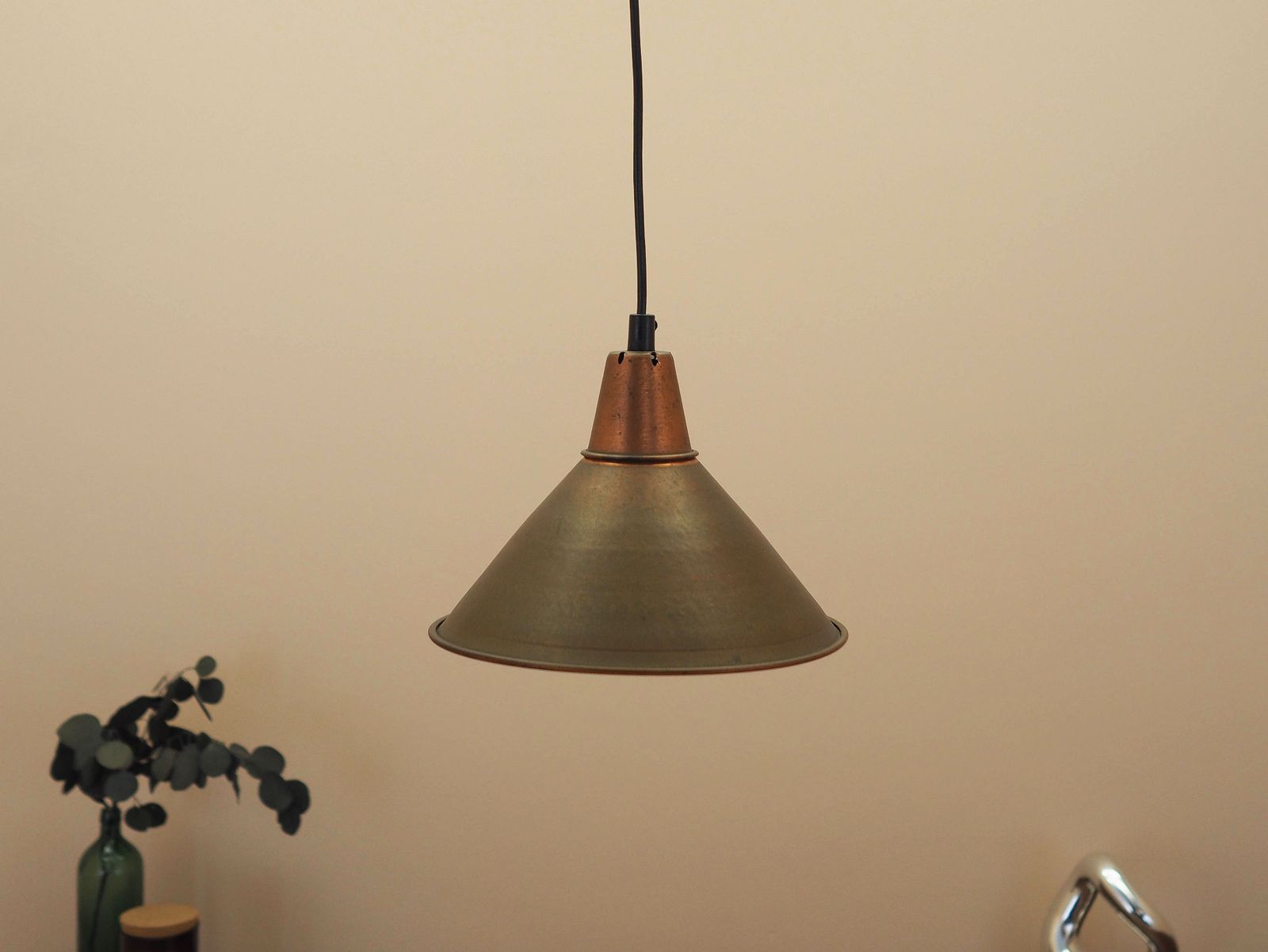 Danish Brass Pendant Lamp With Industrial Cone Shade, Scandinavian Modern Design, 1960s photo furniture