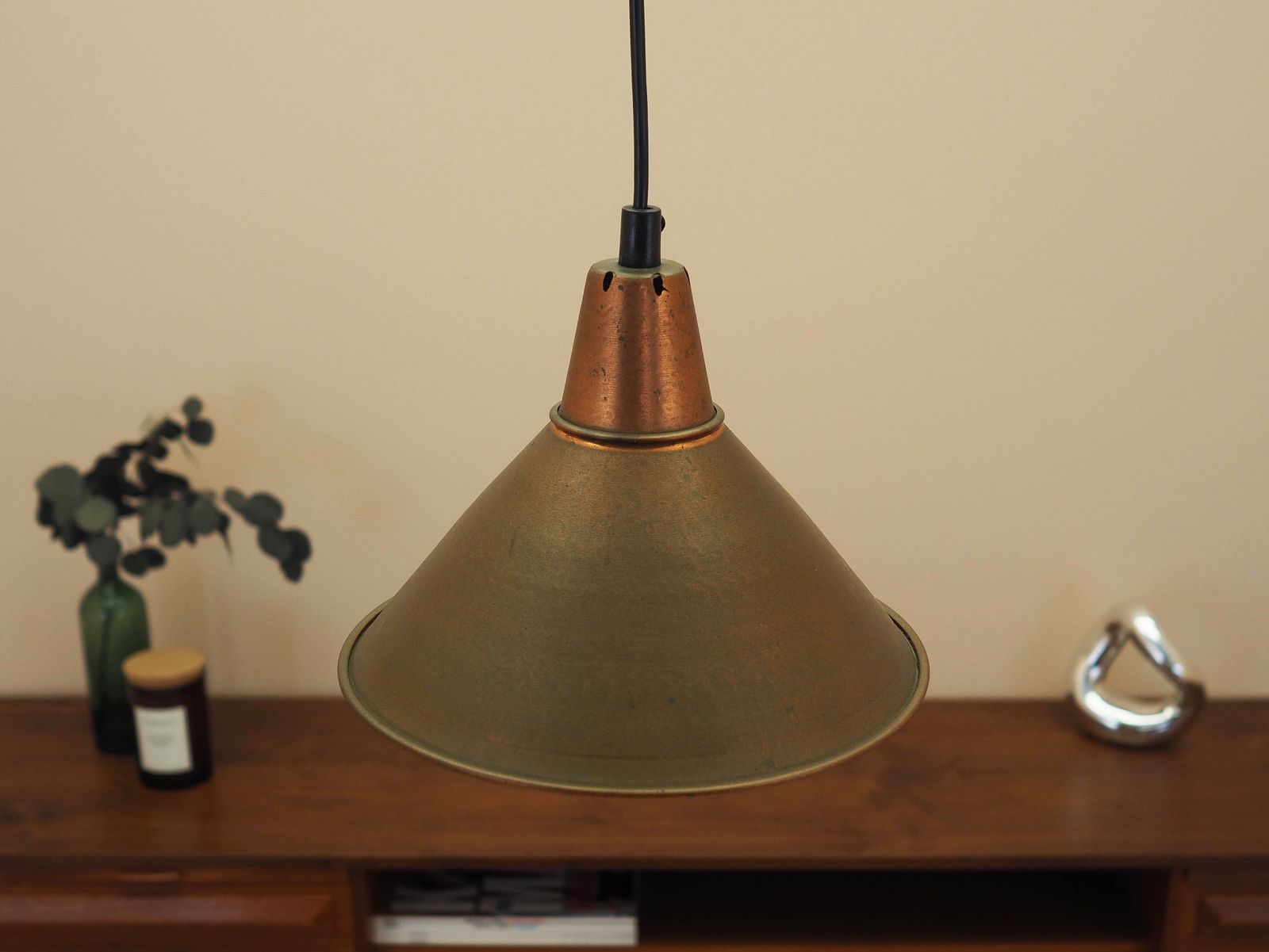 Danish Brass Pendant Lamp With Industrial Cone Shade, Scandinavian Modern Design, 1960s photo Lighting