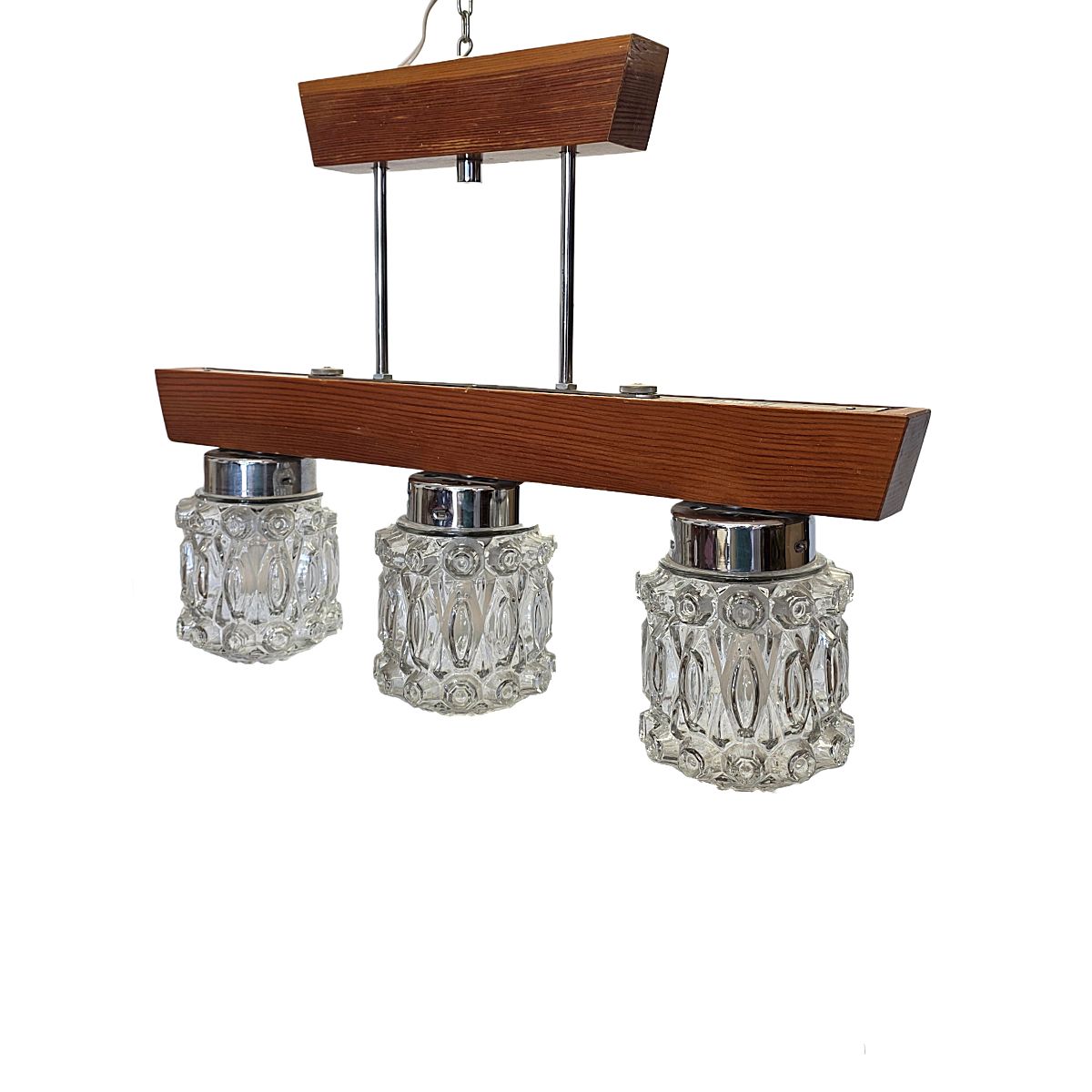Mid Century Pendant Lamp With Wooden Frame And Three Pressed Glass Shades, 1970s photo for sale