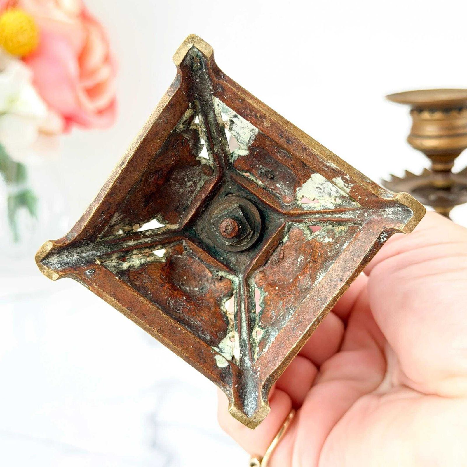 Antique Victorian Brass Candlesticks Ornate Face Mask Holders C.1880 photo 55.0