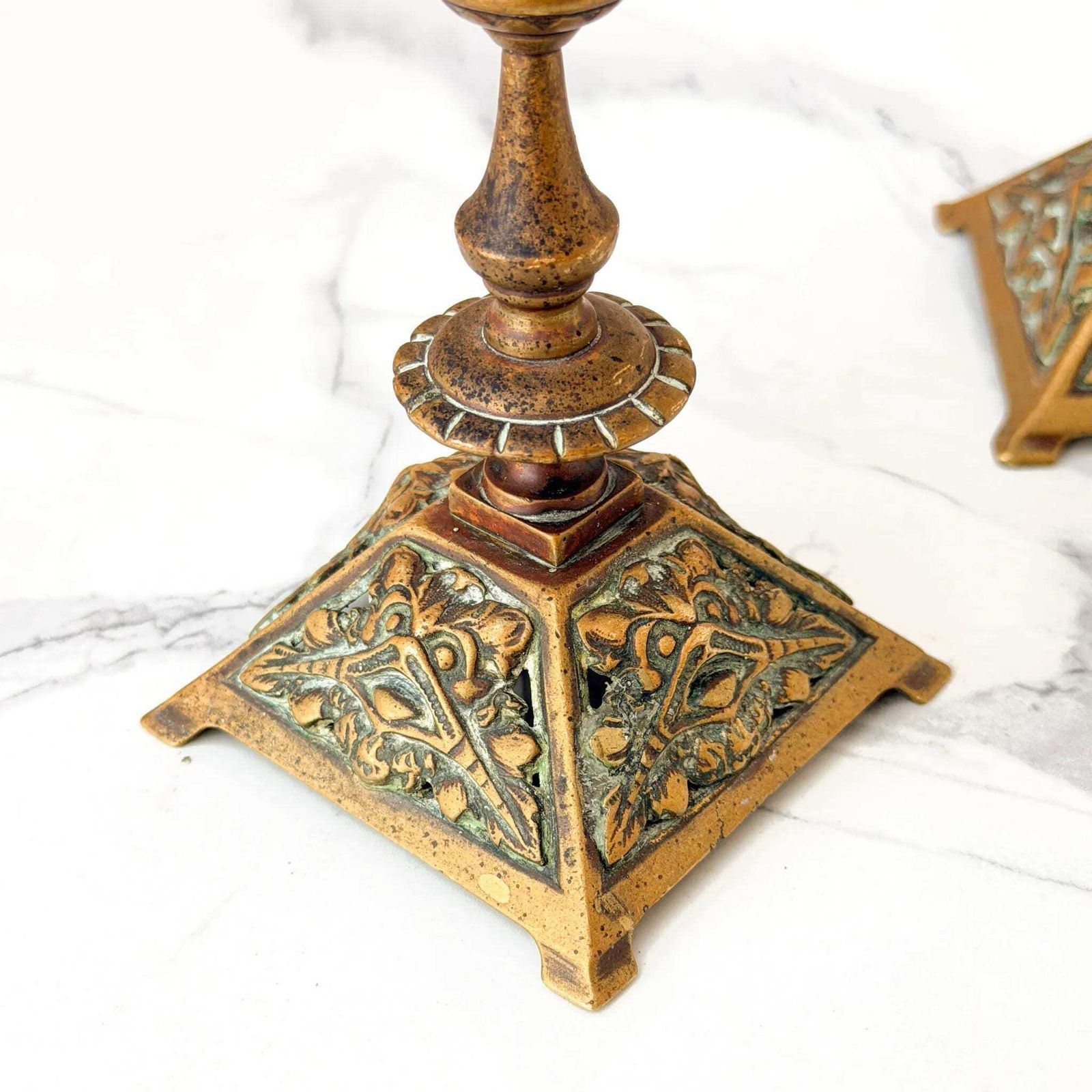 Antique Victorian Brass Candlesticks Ornate Face Mask Holders C.1880 photo buy