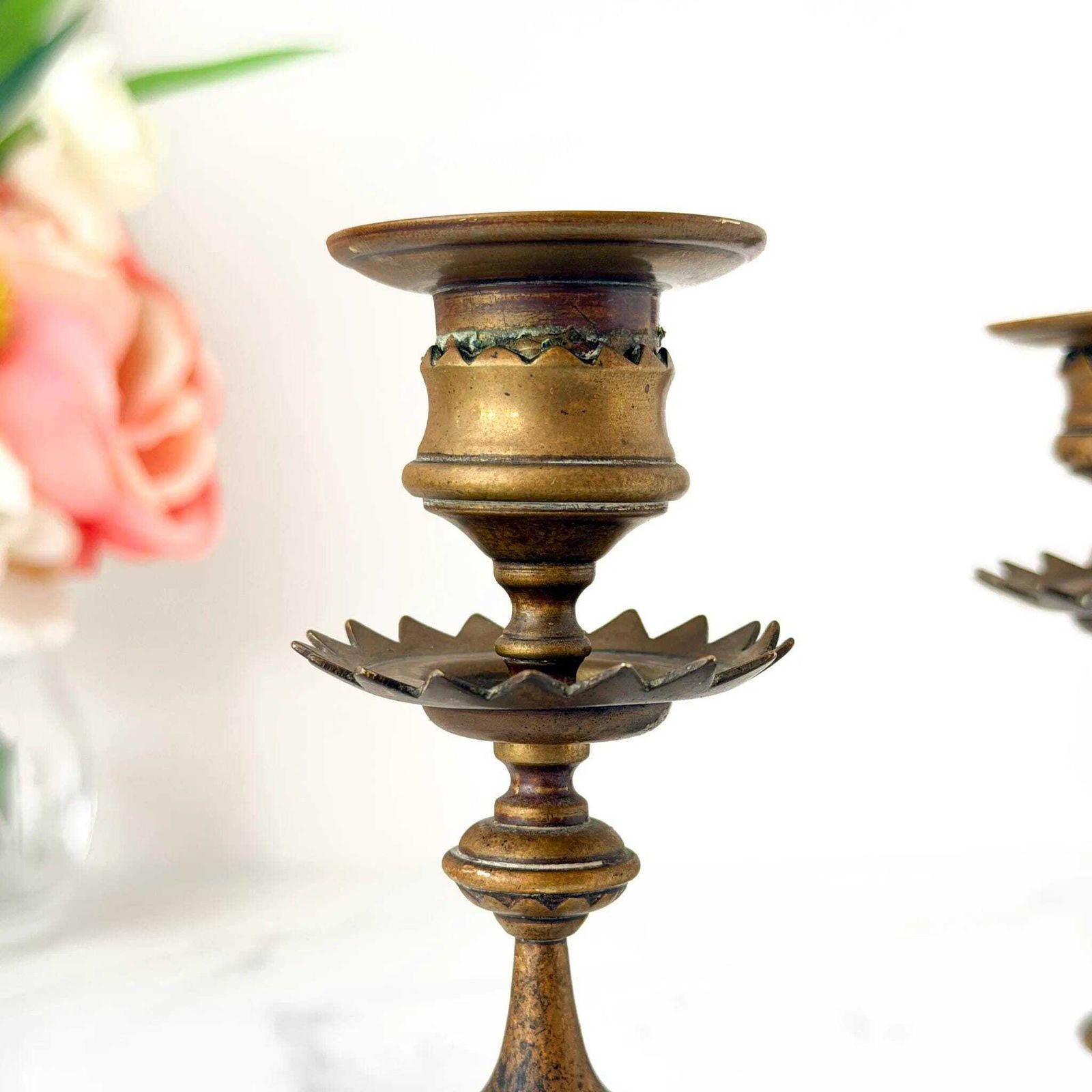 Antique Victorian Brass Candlesticks Ornate Face Mask Holders C.1880 photo vintage