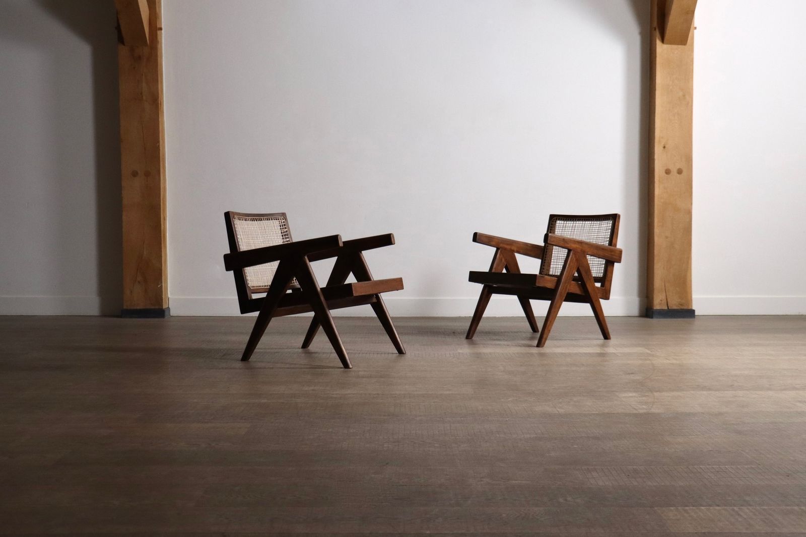 Pierre Jeanneret Lounge Chairs Pj Si 29 A In Teak And Cane, ca. jaren 1950