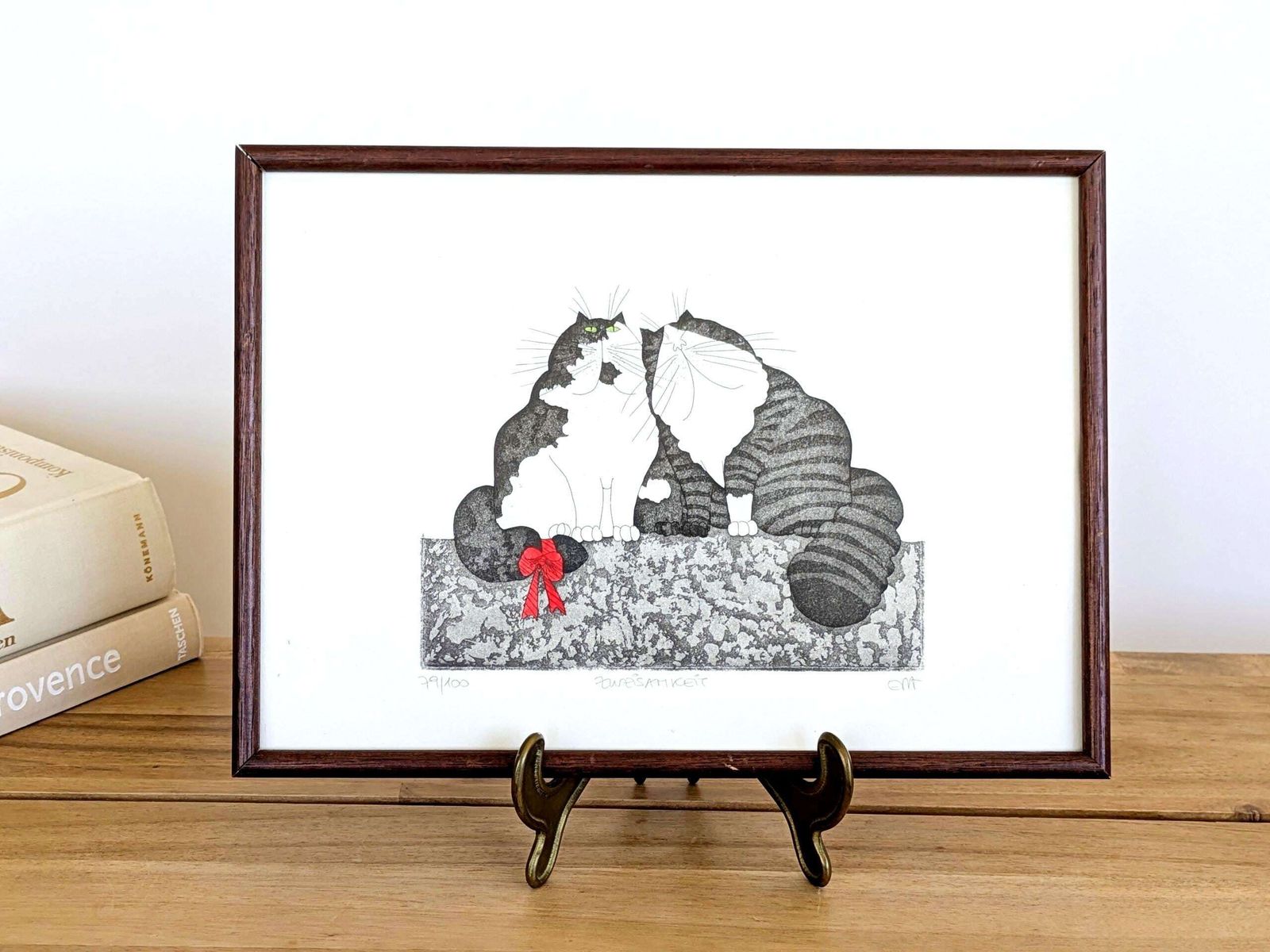 Eva Ziolkowski Signed Cats Etching Numbered 79/100 "Zweisamkeit" Framed Original Wall Art