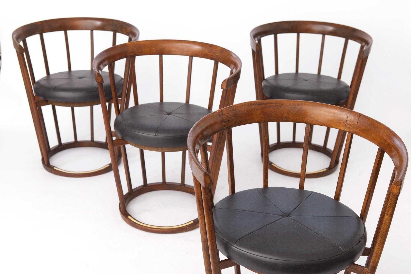 Set Of 4 Vintage Barrel Chairs, 1970s German Beech Wood Dining Chairs, Black Faux Leather, Mid Century Modern Statement Chairs