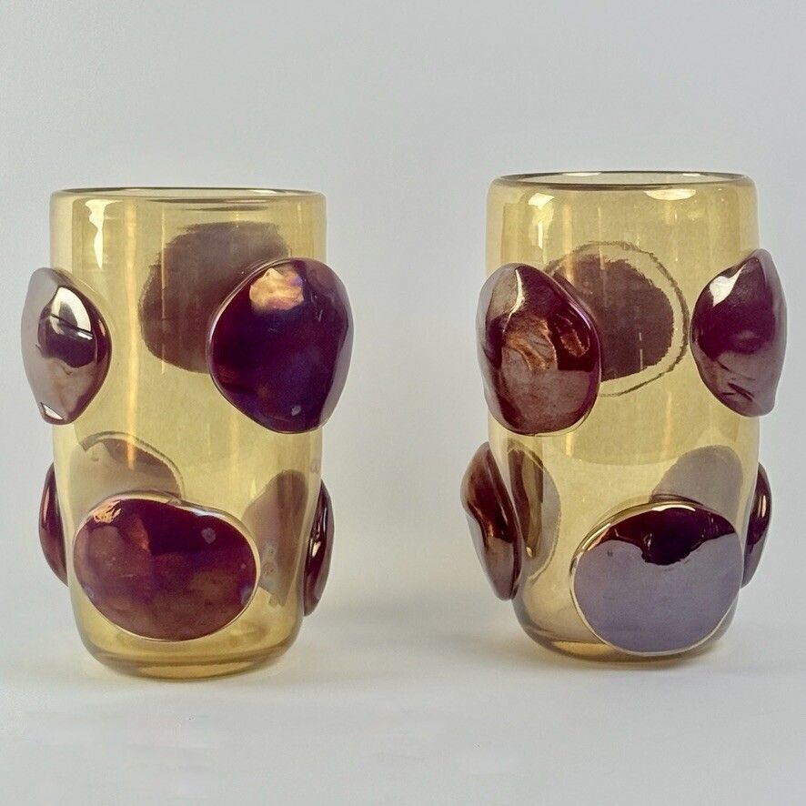 Paire de vases en verre de Murano transparent doré, applications rouges, fin du XXe siècle photo furniture