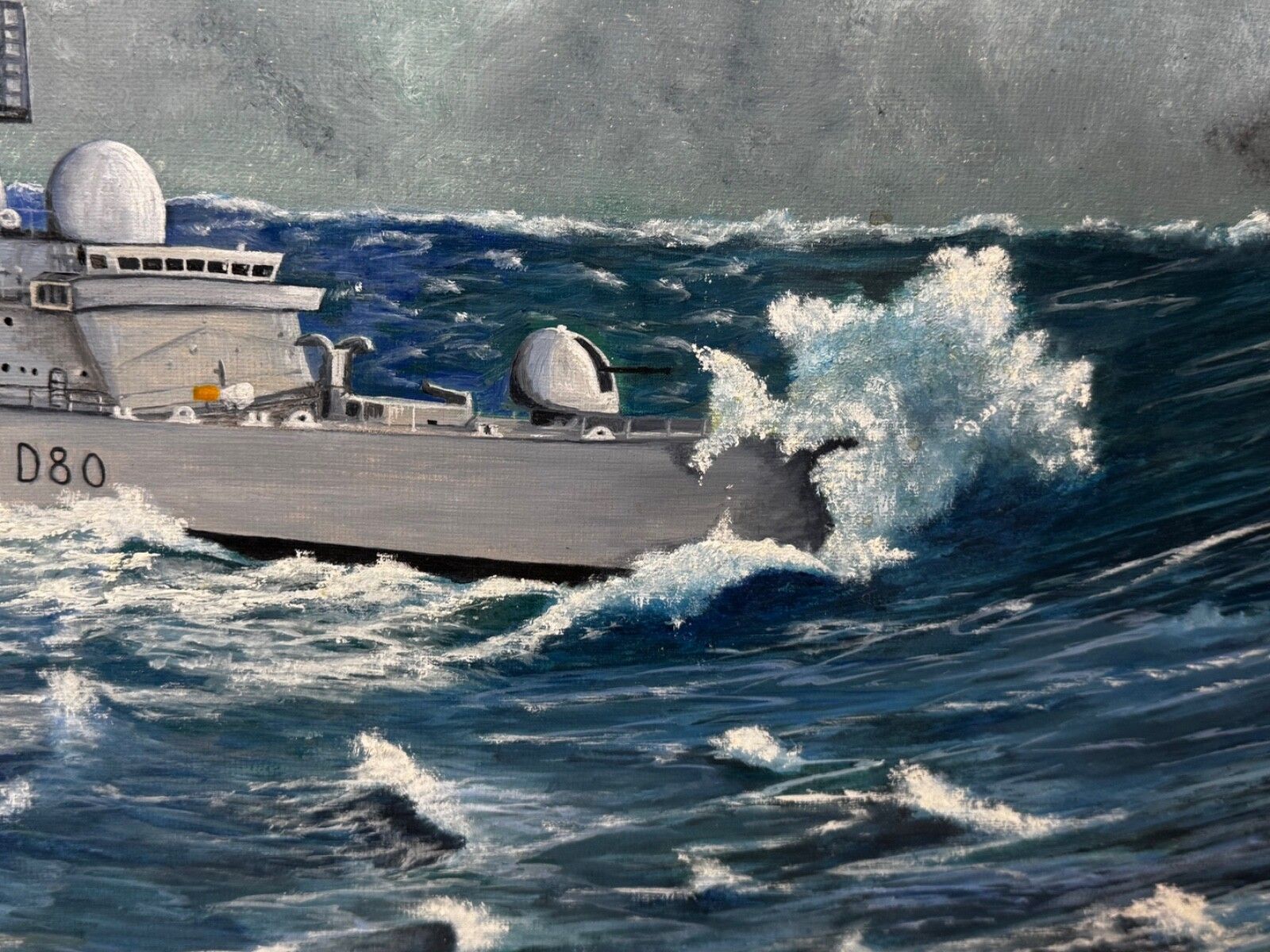 Olieverfschilderij HMS Sheffield D80 Falklandsoorlog Royal Navy, gesigneerd door A E Phillips photo vintage