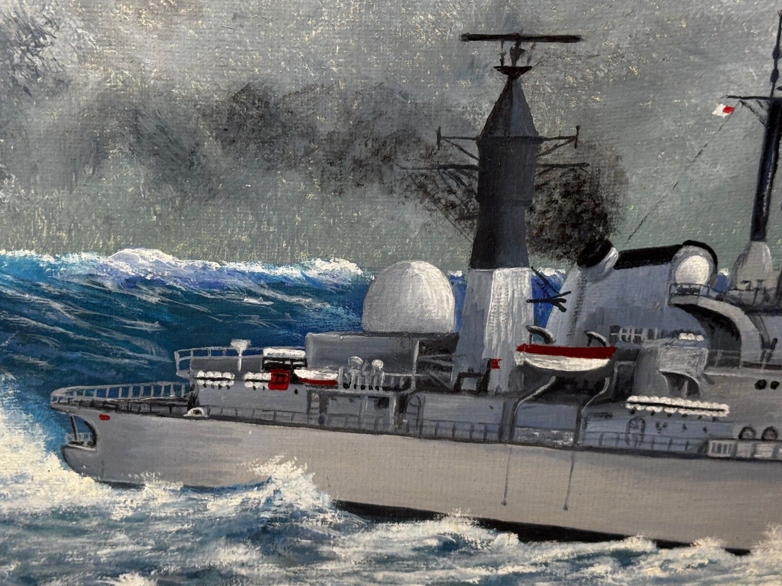 photo vintage Olieverfschilderij HMS Sheffield D80 Falklandsoorlog Royal Navy, gesigneerd door A E Phillips