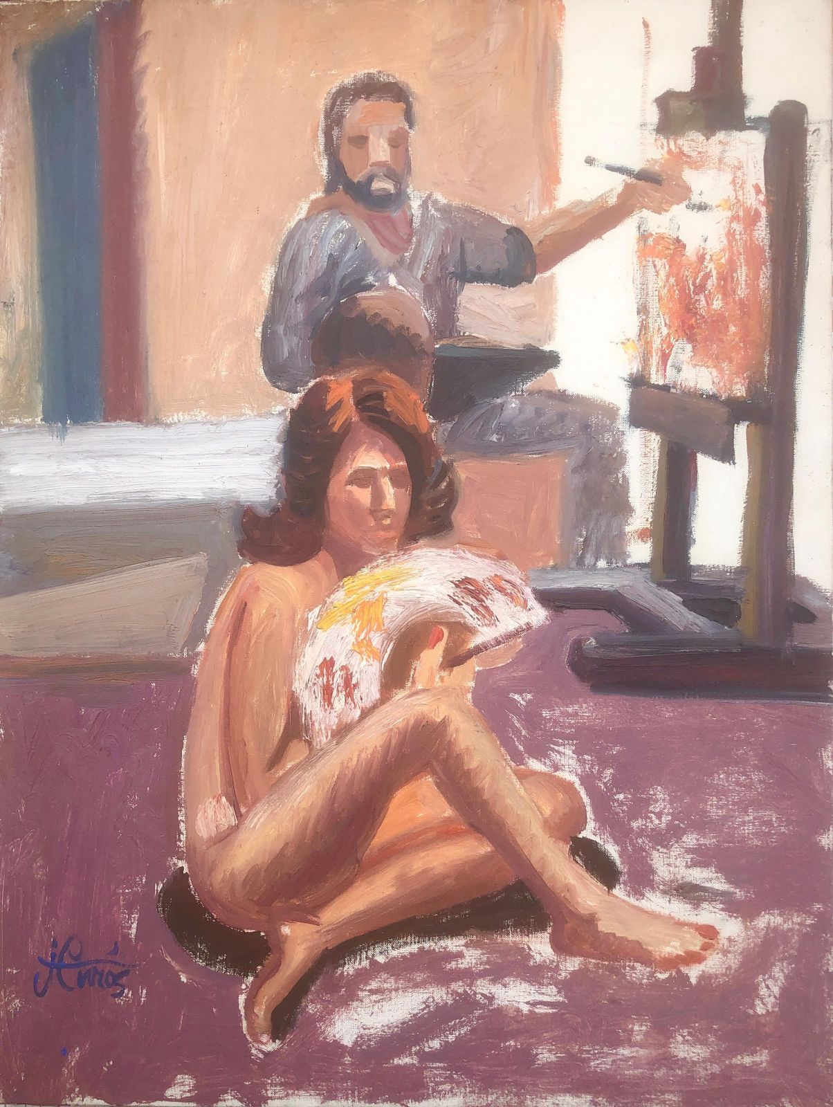 Jordi Curos Spaans figuratief schilderij naakt atelier interieur modern olieverf doek ca. 1978