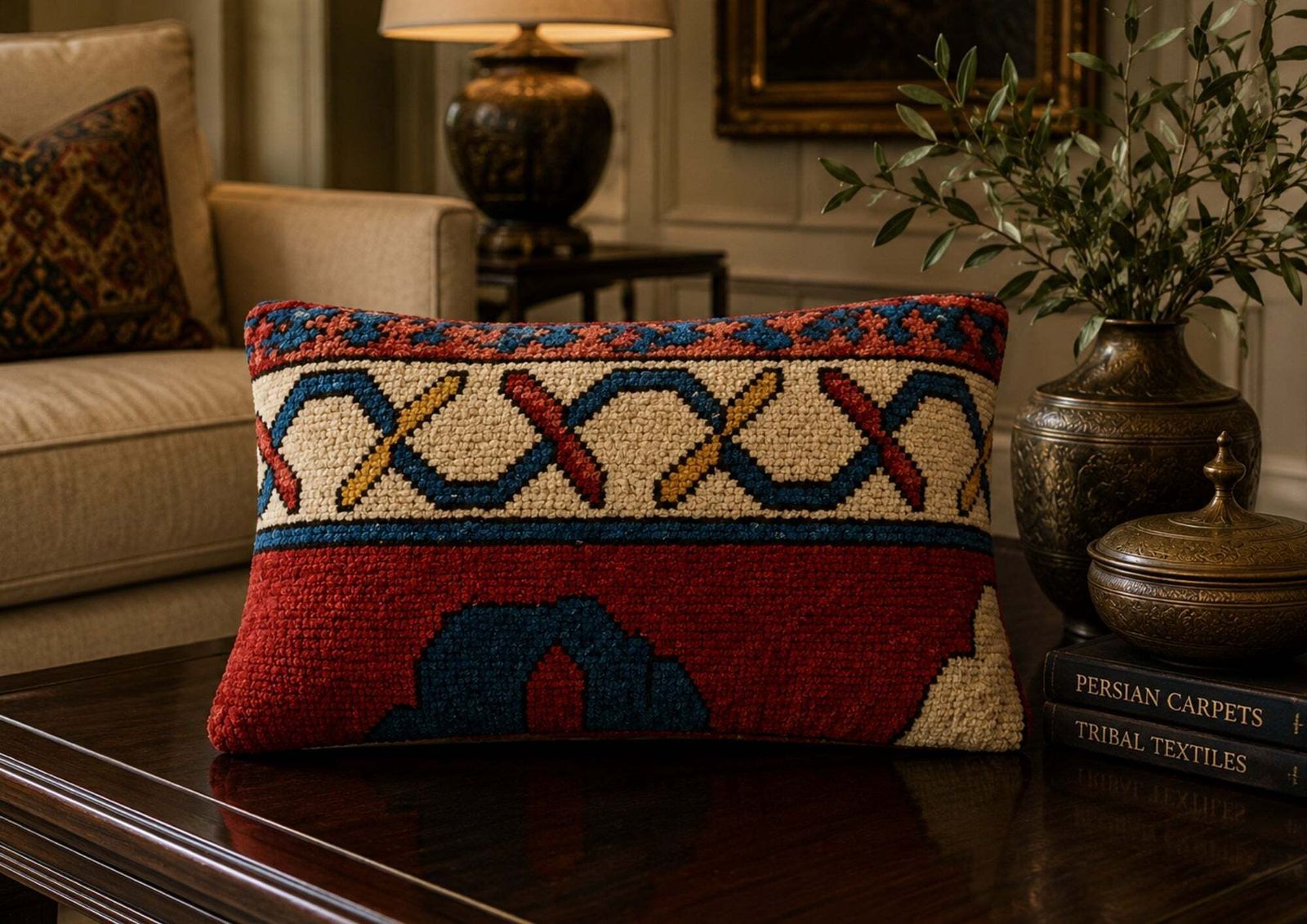 Textiles Vintage Pile Rug Cushioncover, Turkish Hand Knotted Geometric Design, 30 X 50 Cm photo