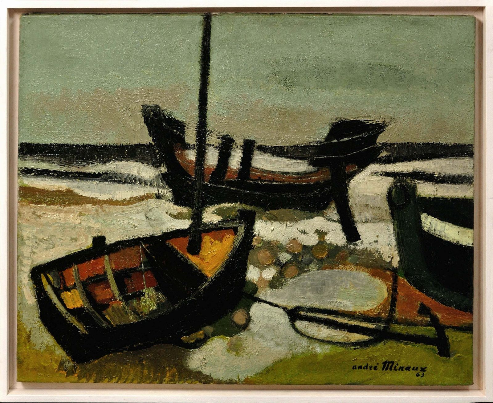 André Minaux 1923 To 1986. Les Barques échouées, 1963. Framed French Oil Painting Of Stranded Boats On A Beach.
