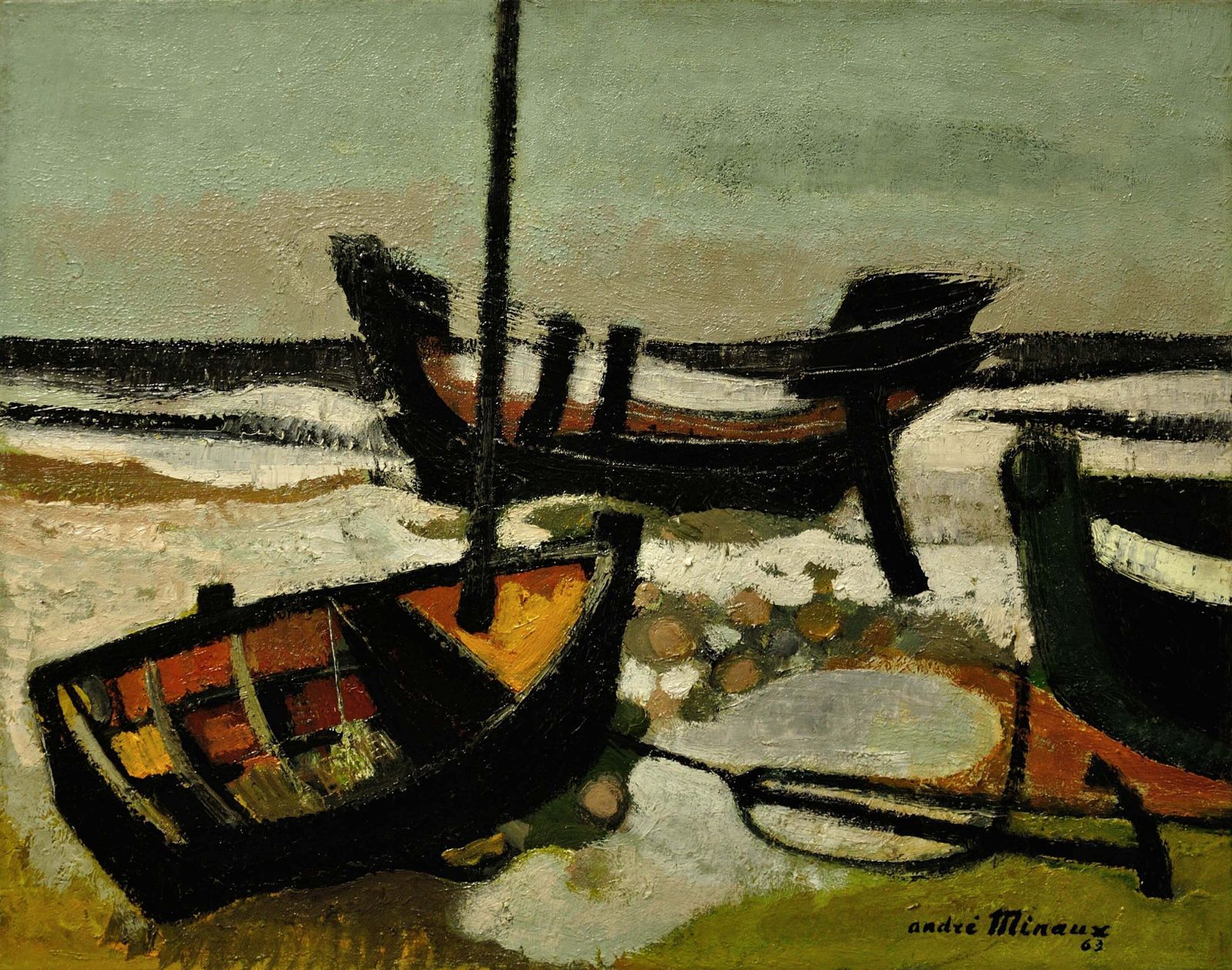 André Minaux 1923 To 1986. Les Barques échouées, 1963. Framed French Oil Painting Of Stranded Boats On A Beach. photo furniture