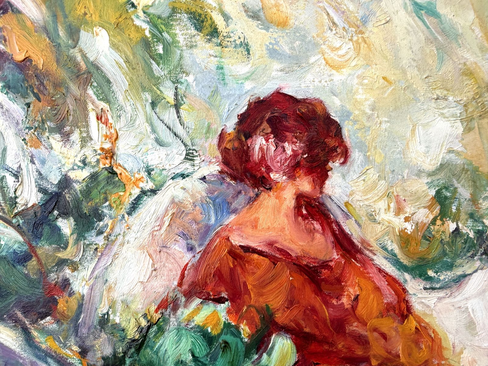 José Antonio Pineda Bueno, Jardin méditerranéen avec femme, peinture figurative espagnole colorée à l'huile, années 2000 photo for sale