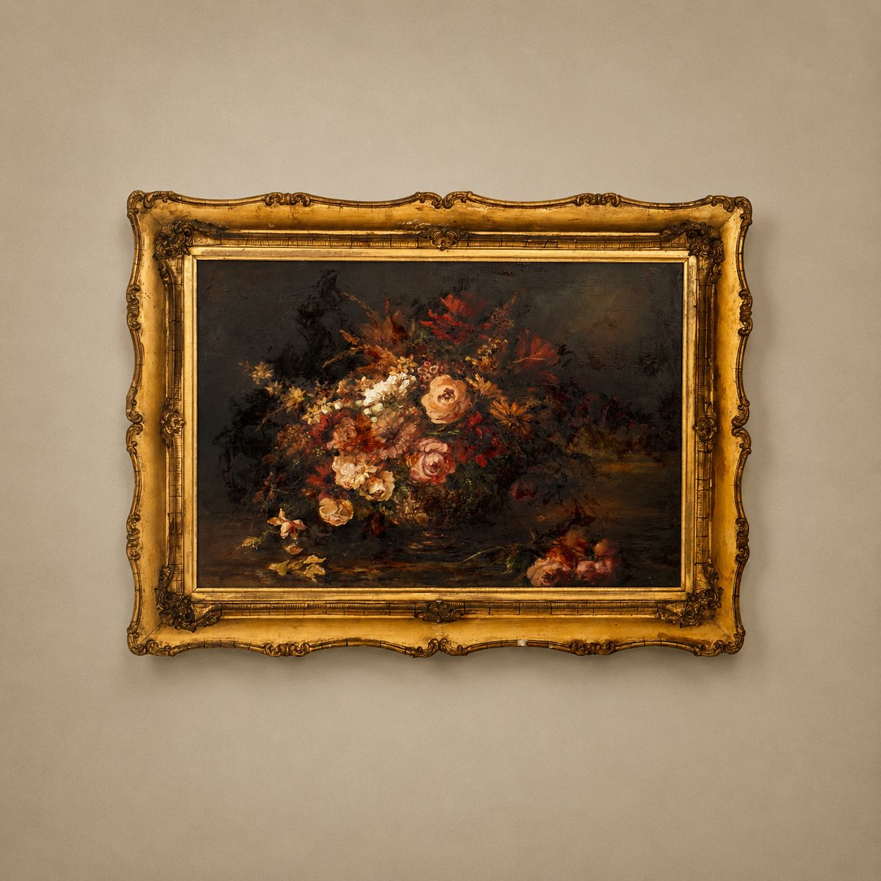 19th Century English School Still Life Of Flowers Oil On Canvas Painting