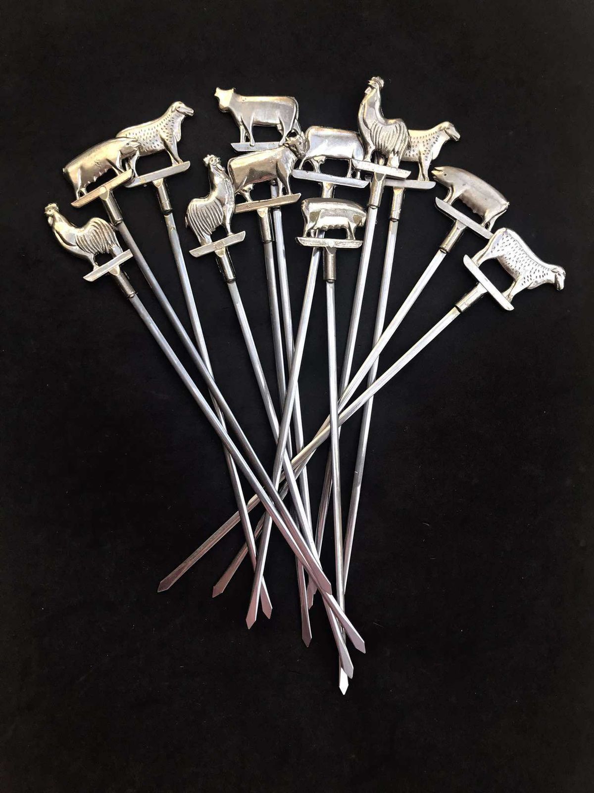 Barbecue-spiezen met dierenfiguren – voor vlees, scampi/zeevruchten en marshmallows – vintage, handgemaakt metaal – set van 12 – cadeau voor hem photo vinterior