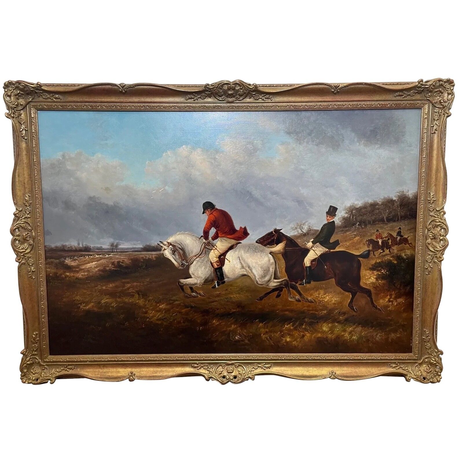 Gesigneerd Thomas Smythe, Hunting Charge, grijs en kastanjebruin paard, groot Victoriaans sportief olieschilderij, ingelijst