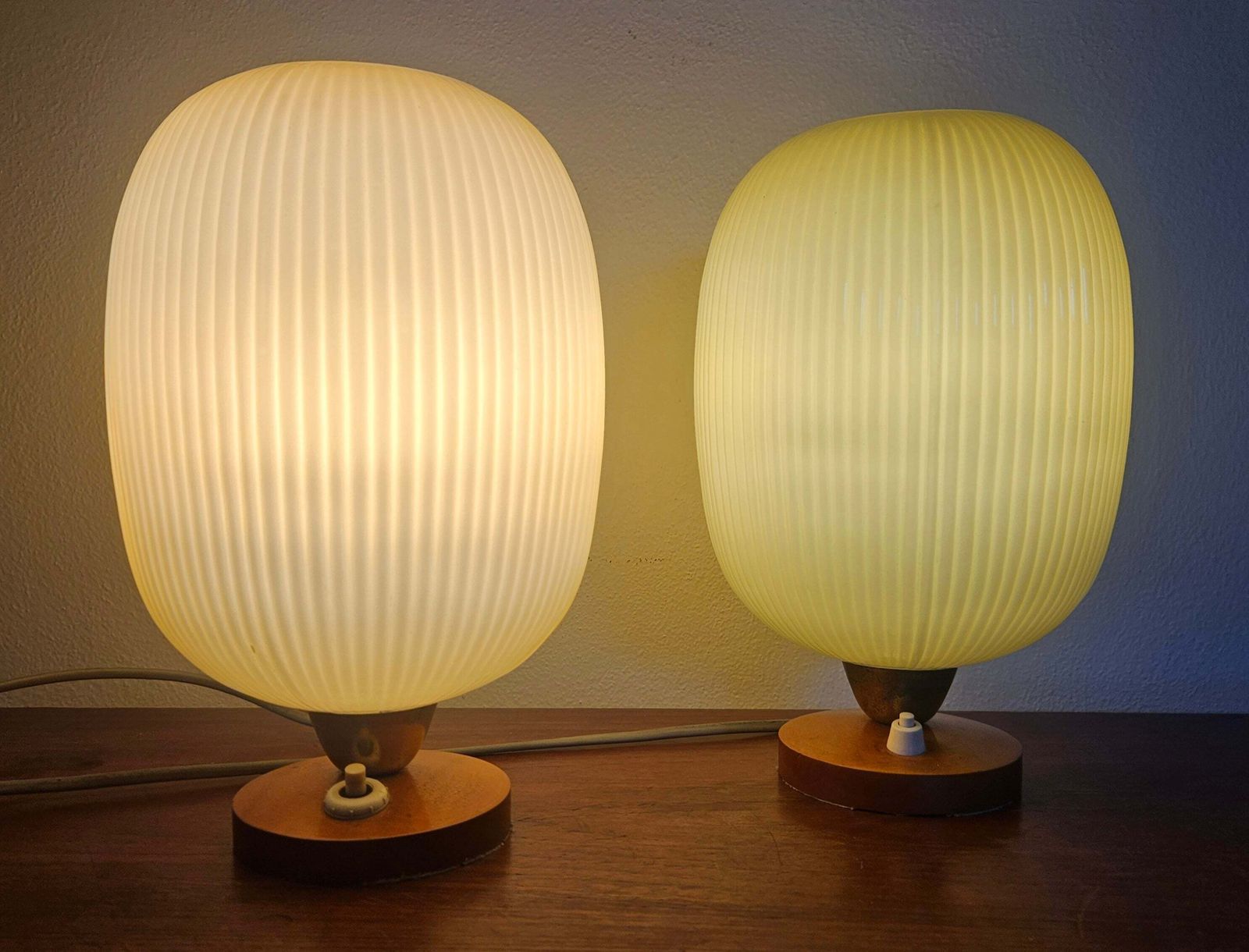 photo furniture Rare Pair Of Table Lamps, Glass And Wood, 1960s