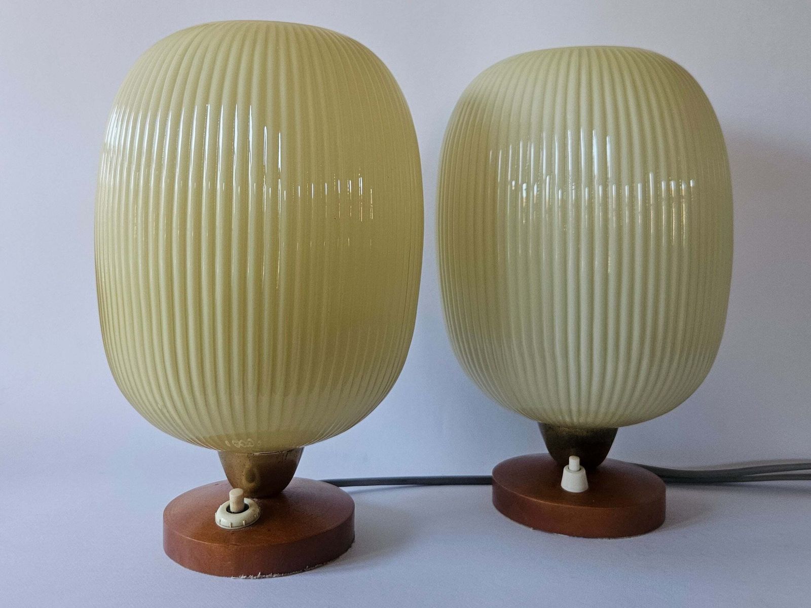 photo for sale Rare Pair Of Table Lamps, Glass And Wood, 1960s