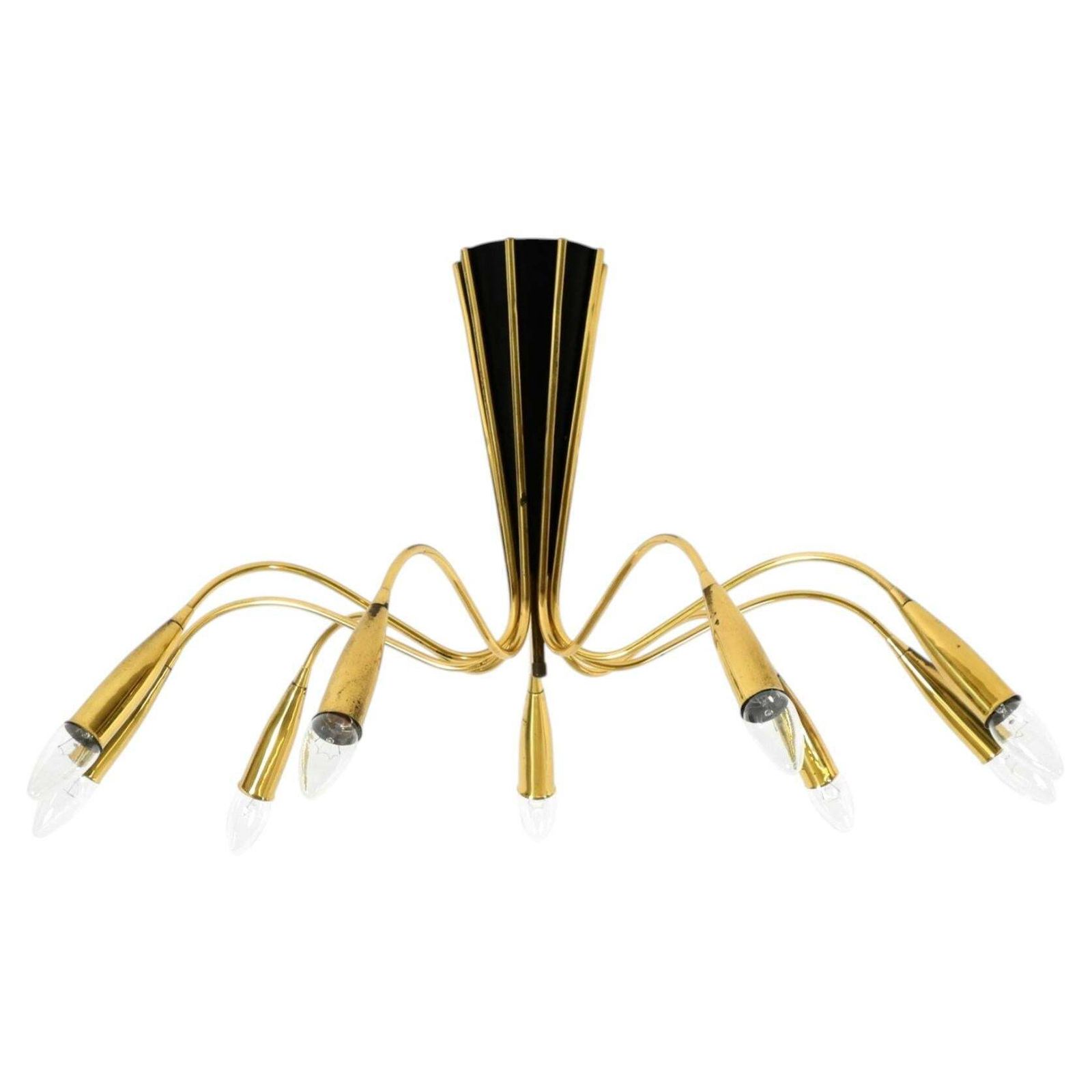 Grote mid-century modern messing Sputnik plafondlamp met 9 armen