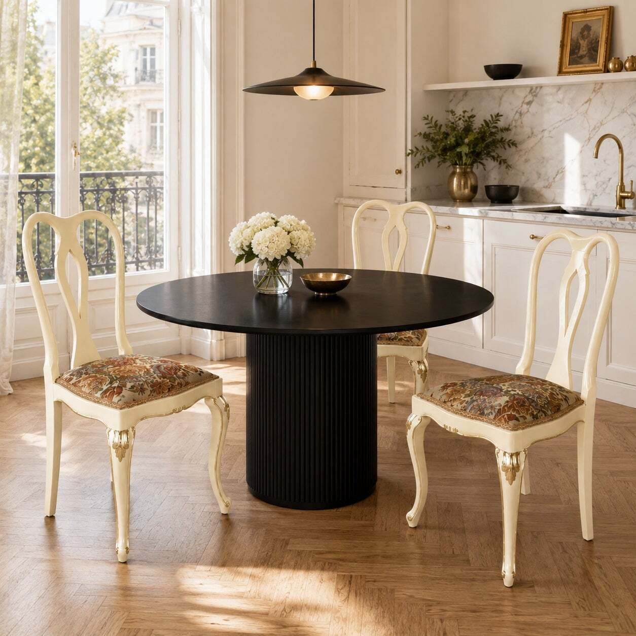 photo for sale Set van Drie Venetiaanse Crèmelak en Verguld Walnoten Stoelen met Bloemen Bekleding