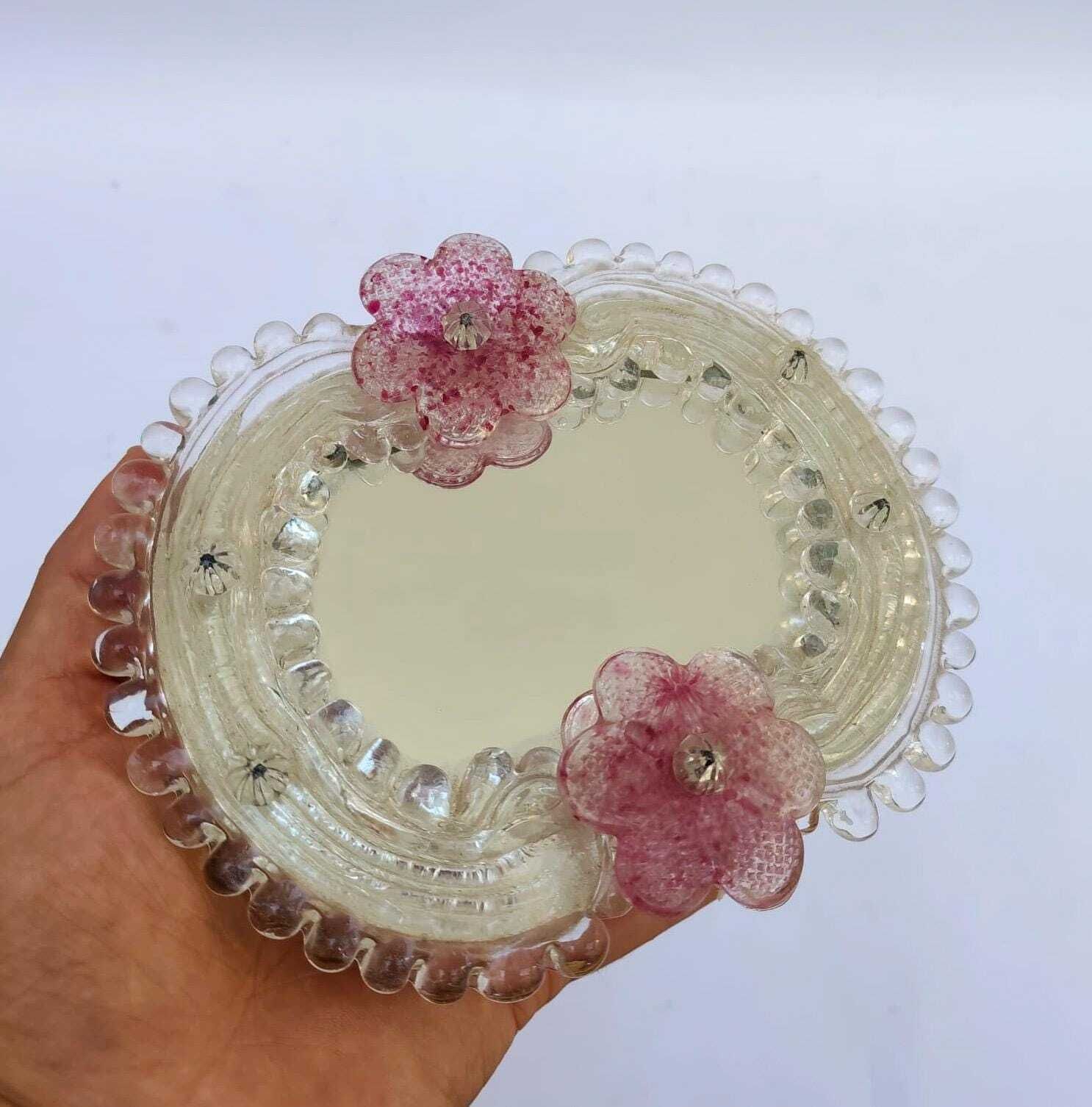 Miroir de table ou mural en verre de Murano, cadre à fleurs roses vintage, dans le style de Barovier photo 90.0