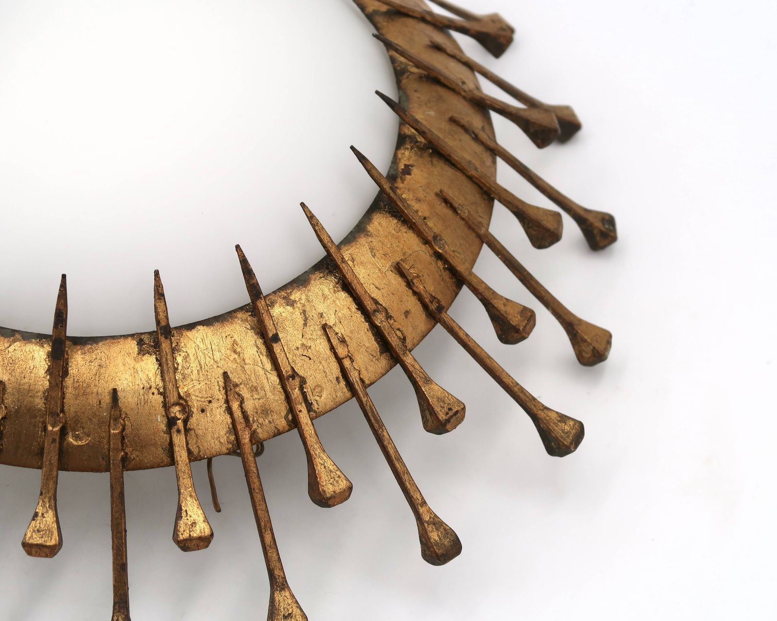 Ceiling Light With Forged Gold Nails And Opaque White Glass, 1950s. photo for sale