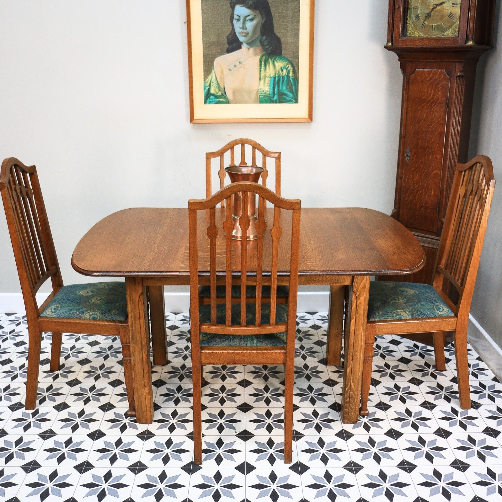 Arts And Crafts Dining Table And Liberty Chairs In Solid Oak With Liberty Fabric photo vinterior
