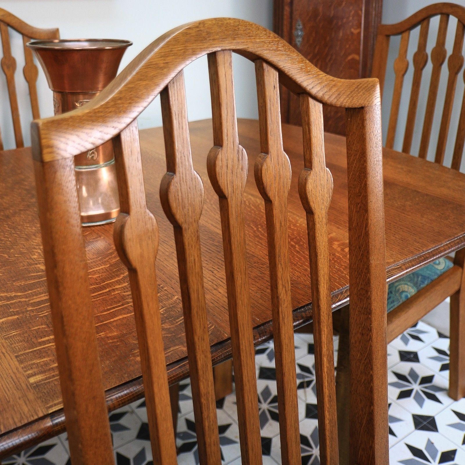 Arts And Crafts Dining Table And Liberty Chairs In Solid Oak With Liberty Fabric photo vintage
