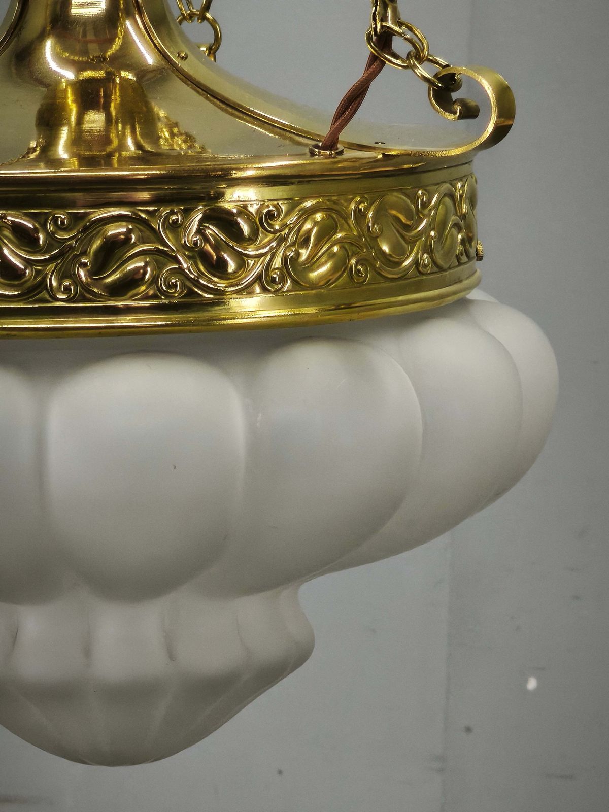 photo for sale Art Nouveau Brass And Opaline Glass Secession Chandelier, Czechoslovakia, 1900s