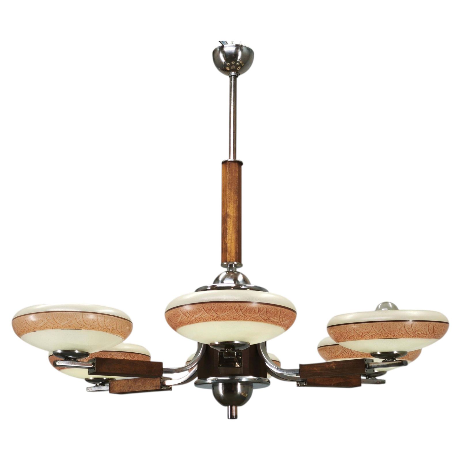 Grote art deco kroonluchter in chroom, hout en glas met zes lichtpunten, jaren 1930