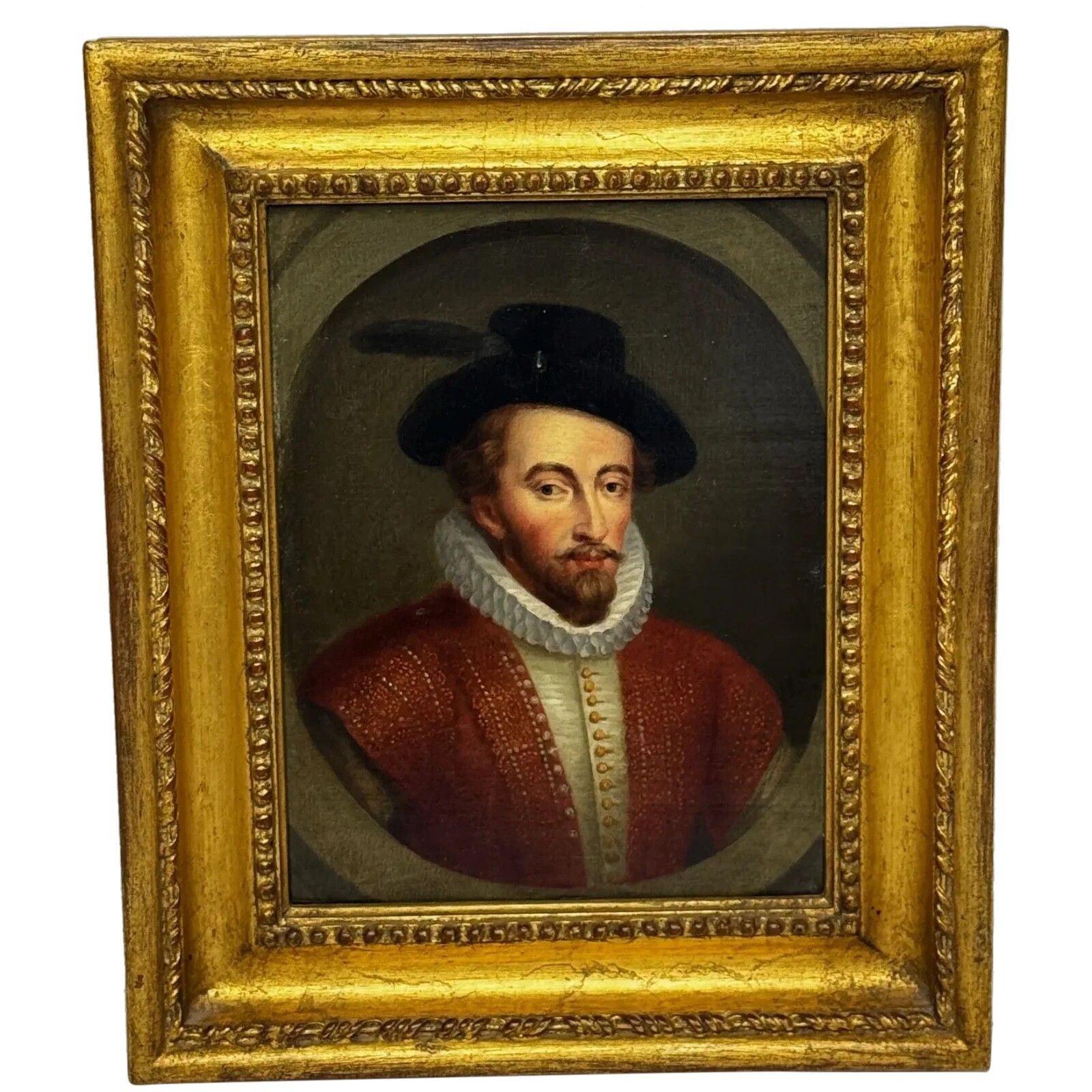 Vergulde lijst, olieverf portret van Sir Walter Raleigh, 18e eeuw, naar het bekende Lennard-type
