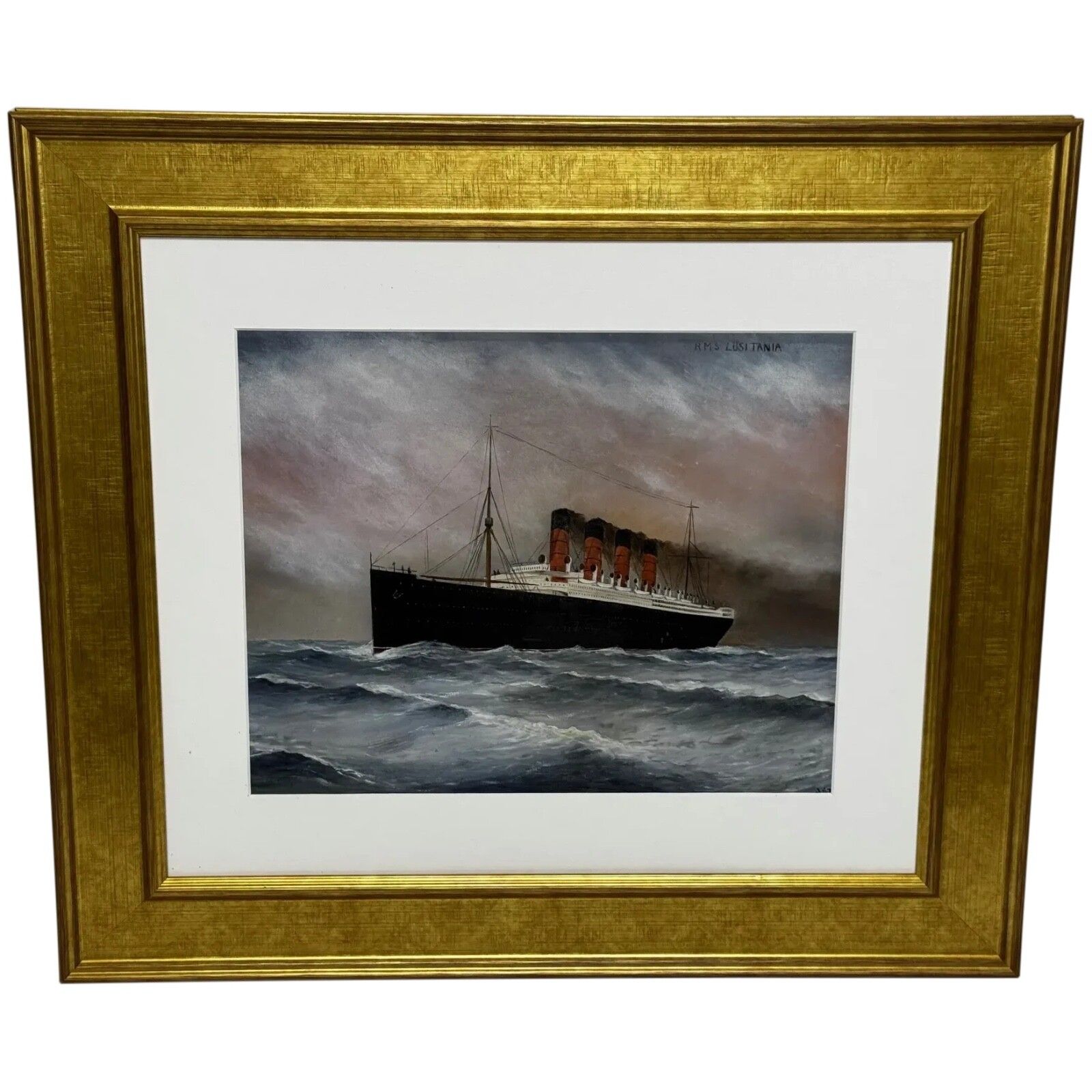 Mid Century Marine Artwork Rms Lusitania Cunard Ocean Liner Marine Oil Painting Captain Turner 1915