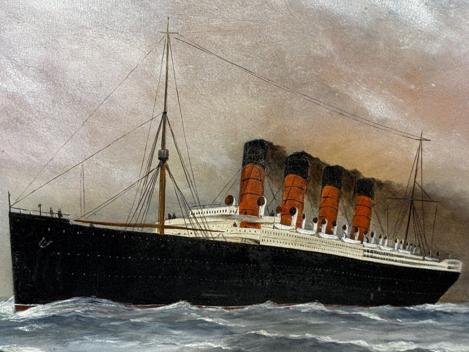 Mid Century Marine Artwork Rms Lusitania Cunard Ocean Liner Marine Oil Painting Captain Turner 1915 photo for sale