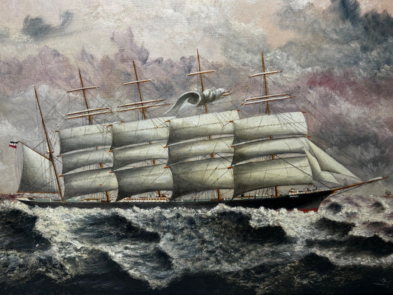 Groot nautisch schilderij, begin 20e eeuw, olieverf, vijfmastige zeilschip Potosi, Flying P Liner, Kaap Hoorn in zware zee photo furniture