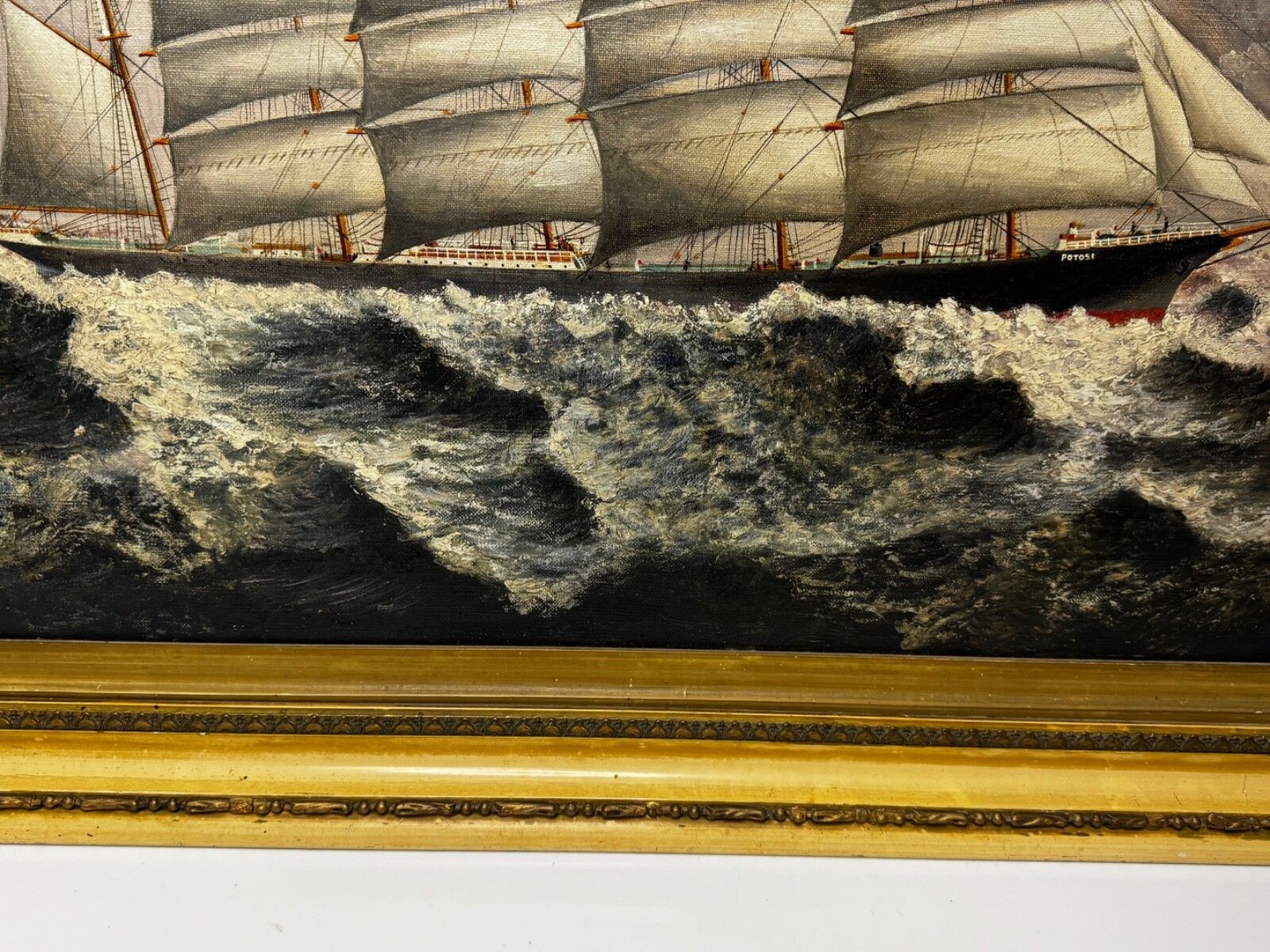 Large Nauticial Early 20th Century Oil Painting 5 Masted Sailing Ship Potosi Flying P Liner Cape Horn In Heavy Seas photo 5000.0
