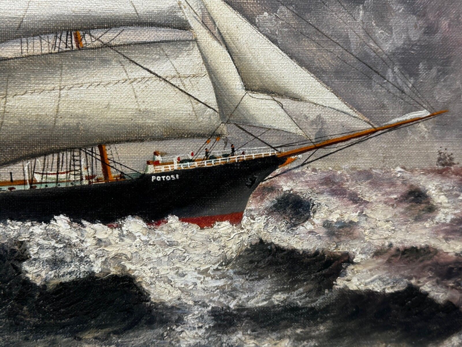 photo furniture Groot nautisch schilderij, begin 20e eeuw, olieverf, vijfmastige zeilschip Potosi, Flying P Liner, Kaap Hoorn in zware zee